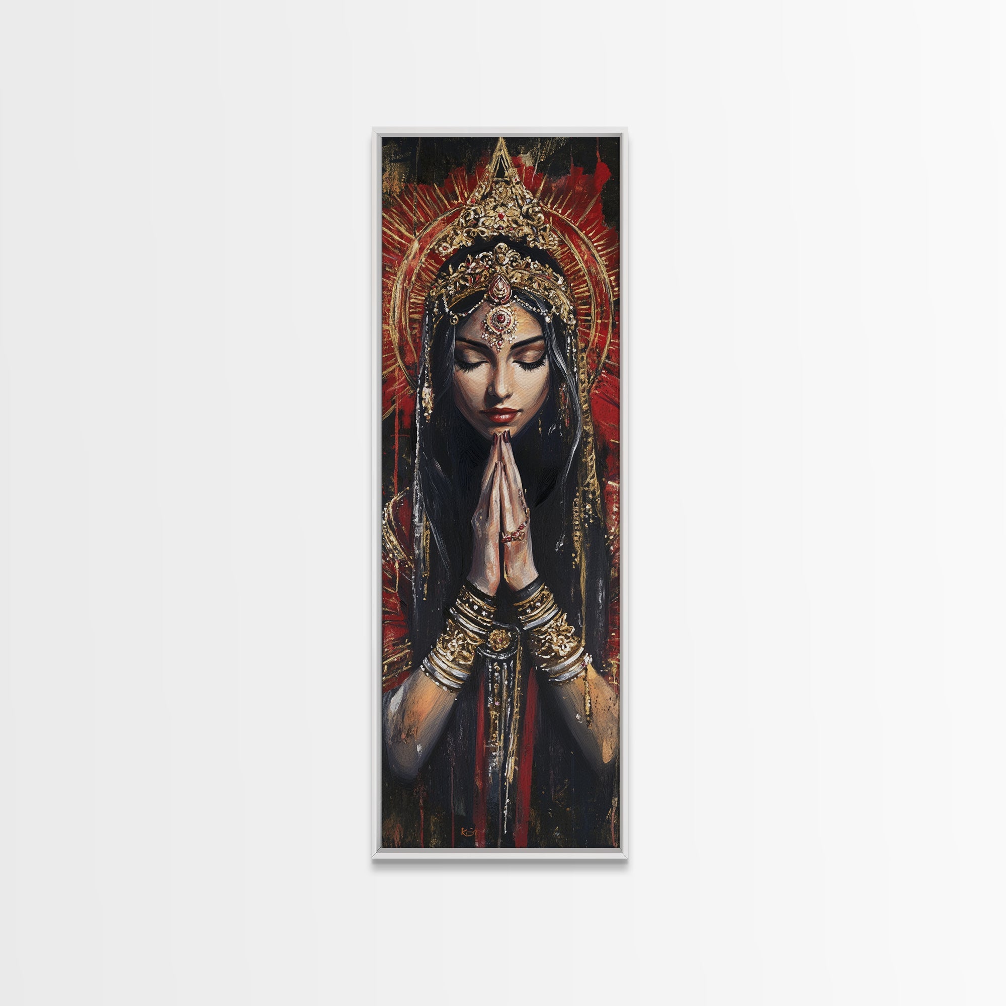 Goddess Prayer Painting Framed Canvas Print, Kerala Mural Art with Rich Red and Gold, Dark Angels Wall Art for Boho Bedroom Decor