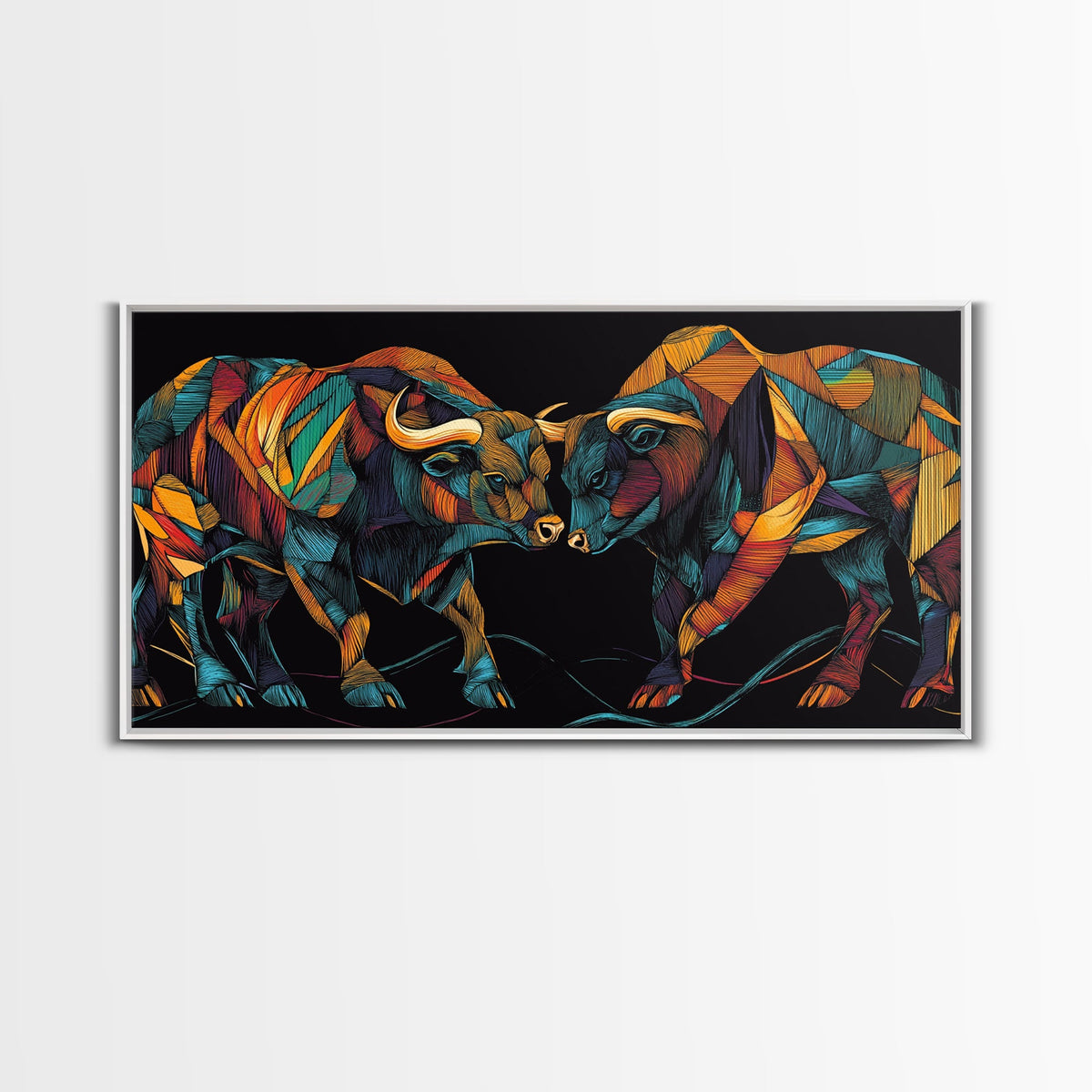 Vibrant Mosaic Bulls Canvas Print Colorful Geometric Wall Art Rustic Decor Living Room Art Tall Narrow Art Bull and Bear Art