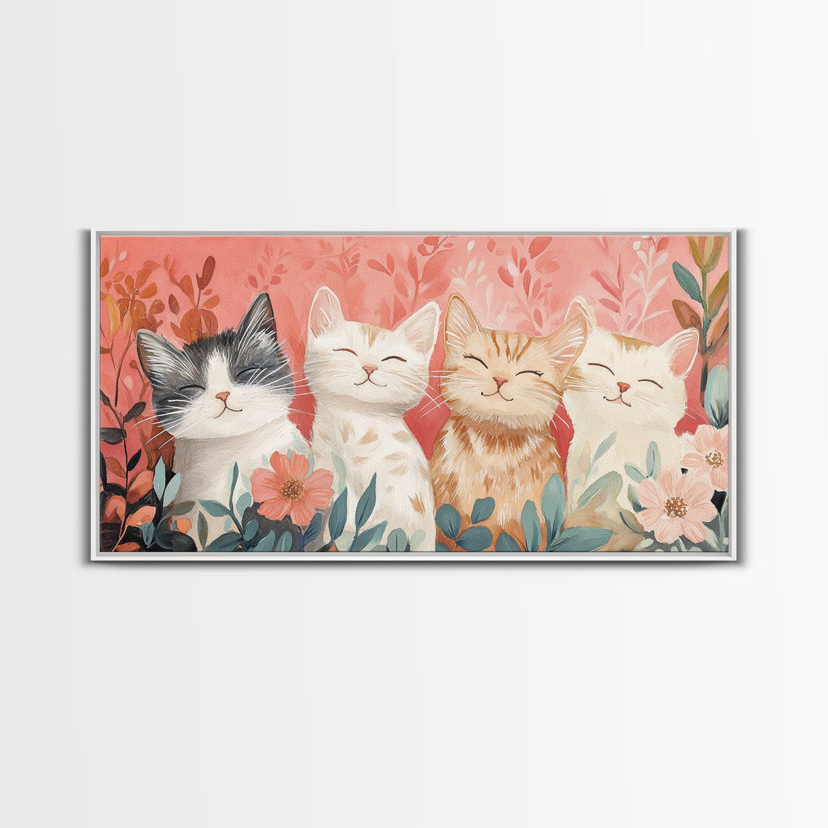 Cats and Flowers Painting Framed Canvas Print, Whimsical Pink Wall Art, Rustic Original Artwork, Cottagecore Decor Gift Idea