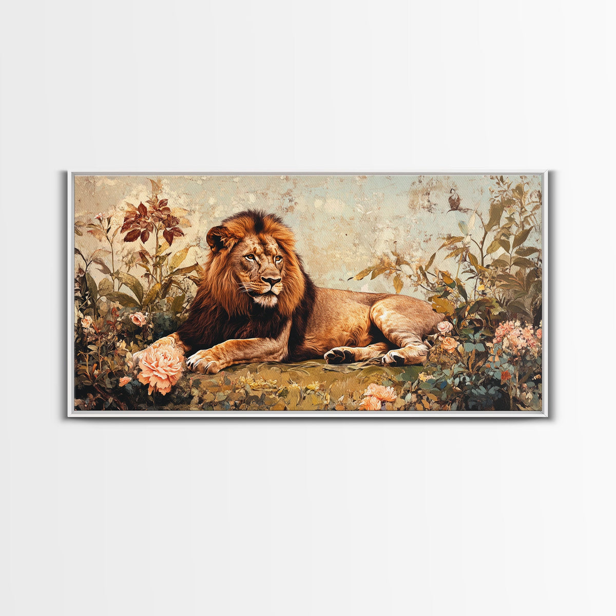 Regal Lion in Wildflowers Framed Canvas Print, Safari Wildlife Painting, African Rustic Wall Art, Boho Nature Decor, Animal Kingdom Art