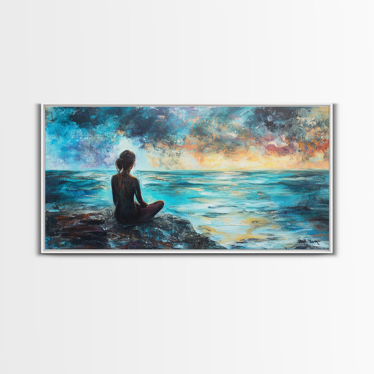 Woman Meditating Coastal Sunset Framed Canvas Print Yoga Art Nautical Wall Art Bedroom Decor Perfect Gift Idea Coastal Cowgirl Artwork | | Wiccan Center