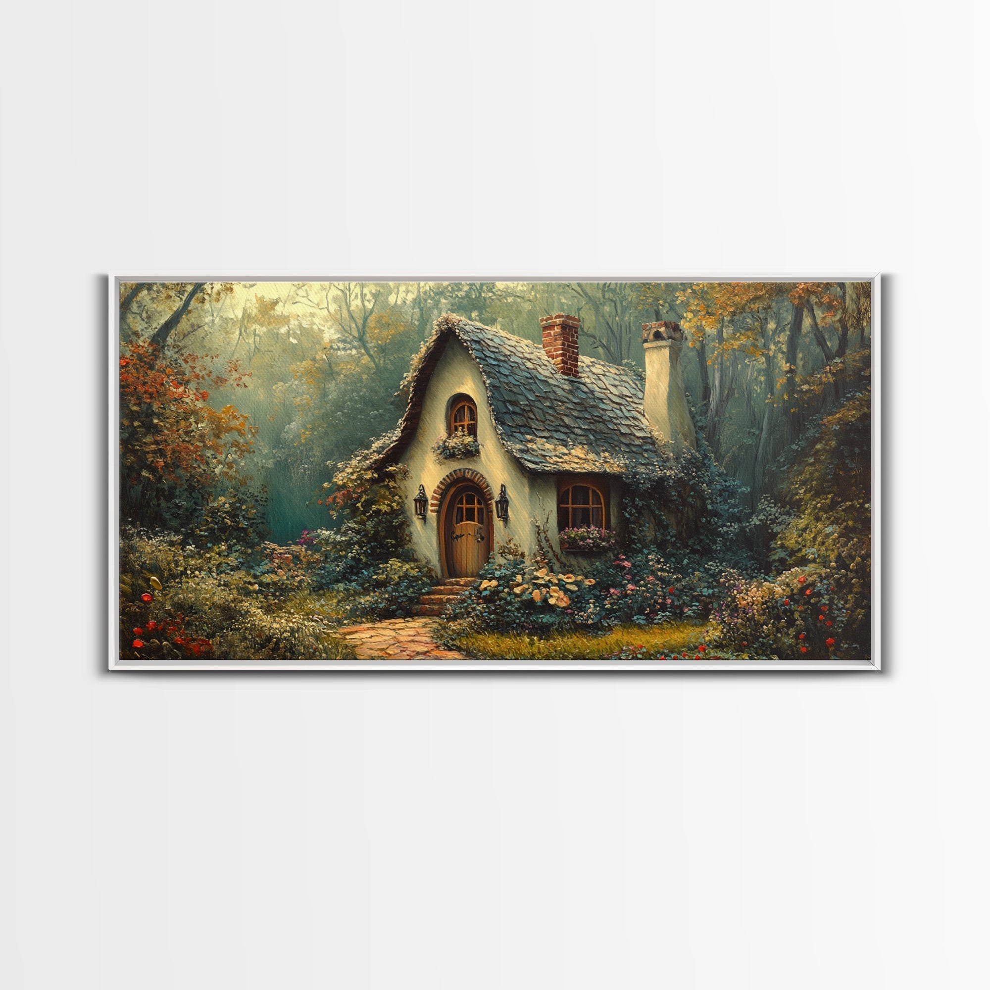 Enchanted Forest Cottage Framed Canvas Print Fairytale Cottagecore Rustic Wall Art Whimsical Landscape Painting Above Sofa Art Gift Idea