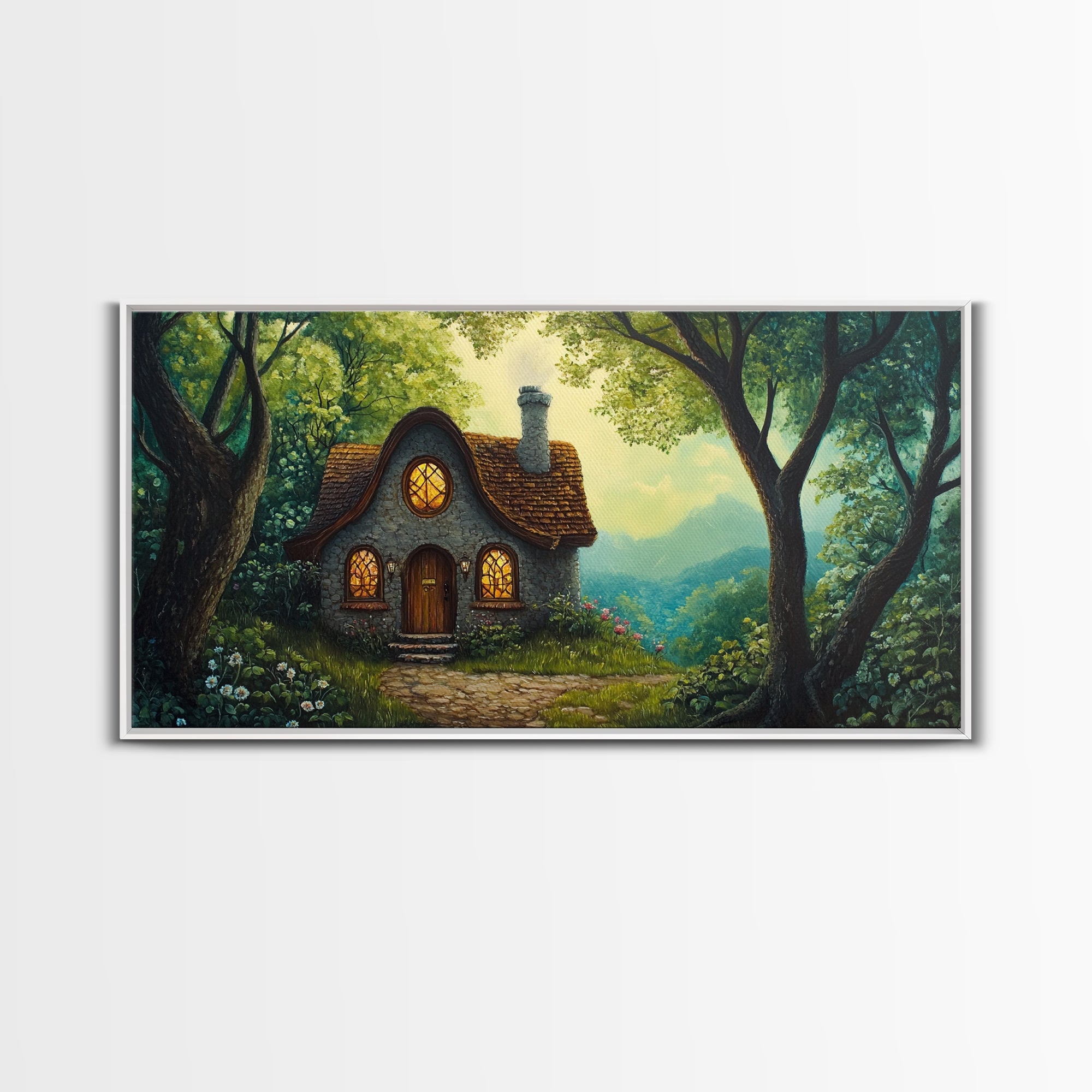 Cozy Forest Cottage Canvas Print Cottagecore Landscape Art Rustic Home Decor Whimsical Above Bed Art Fairy Tale Wall Art Gift Idea