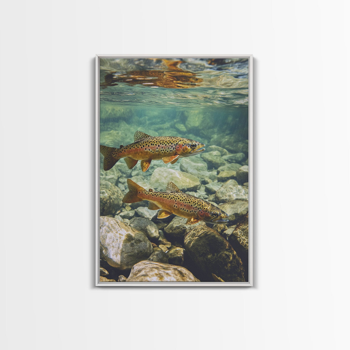 Vibrant Pair of Trout Framed Canvas Print Fly Fishing Art Rustic Wall Art Cottagecore Living Room Above Couch Cabin Decor