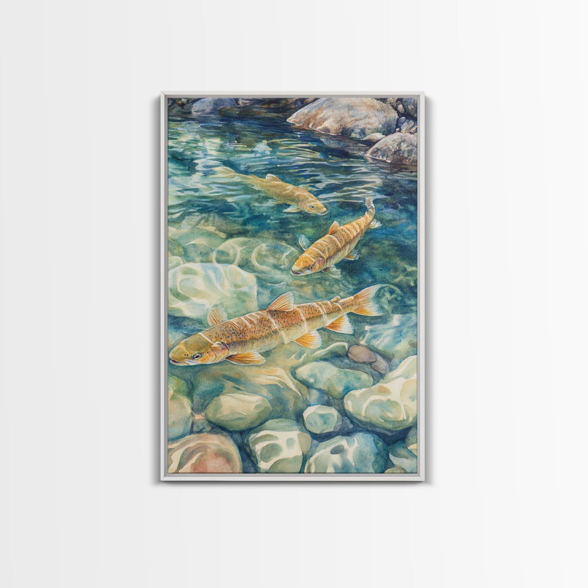 Gentle Swimming Trout Framed Canvas Print Fly Fishing Art Rustic Living Room Wall Art Cabin Decor Gift Idea Cottagecore