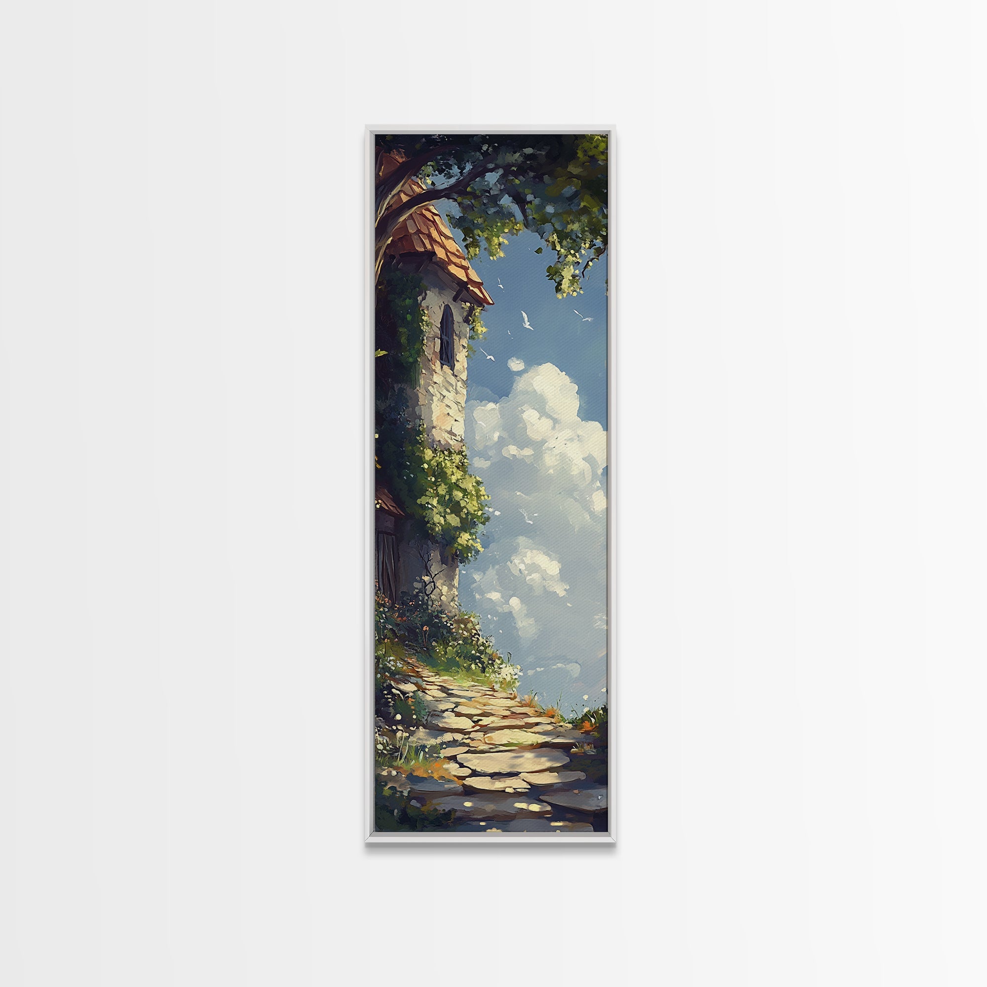 Cottage Tower, whimsical art, fairy tale painting, cottagecore wall art, rustic decor, framed canvas print, vertical wall art