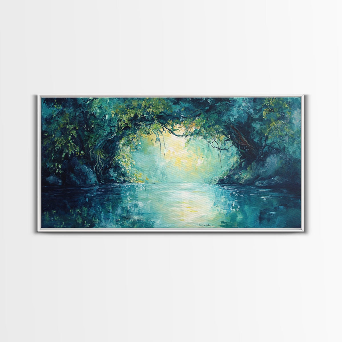 Mystical River, Framed Canvas Print, landscape painting, moody art, forest at dusk painting, teal wall art, extra wide art | | Wiccan Center
