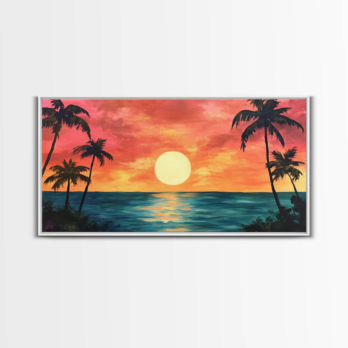 Tropical Sunset, Palm Tree Art, Coastal Cowgirl Wall Art, Hawaii Art, Ocean Landscape, Horizontal Wall Art, Framed Canvas Print | | Wiccan Center
