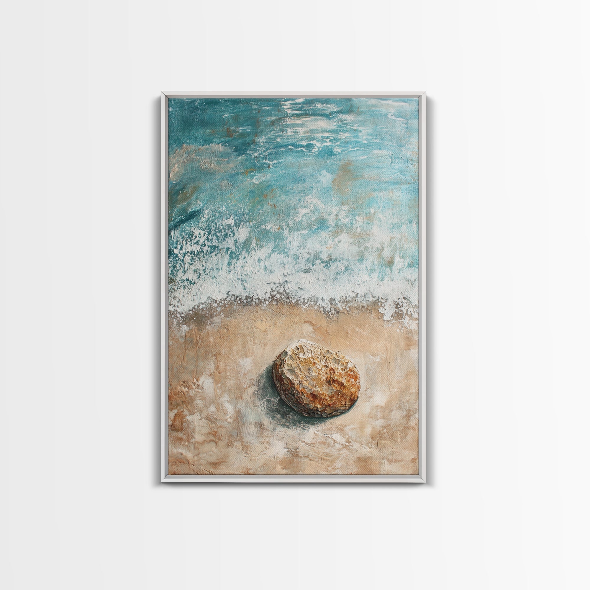 Serene Beach Stone Canvas Print Tranquil Ocean Art, Coastal Zen Wall Decor, Relaxing Beach House Style, Minimalist Seascape Painting | | Wiccan Center