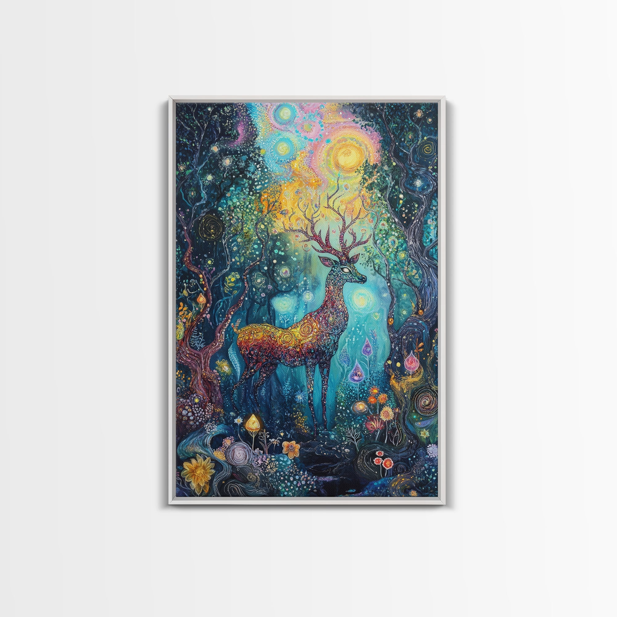 Celestial Deer, Magical Forest, Fantasy Animal Art, Enchanted Wall Art, Cottagecore Wall Art, Above Couch Art, Framed Canvas Print