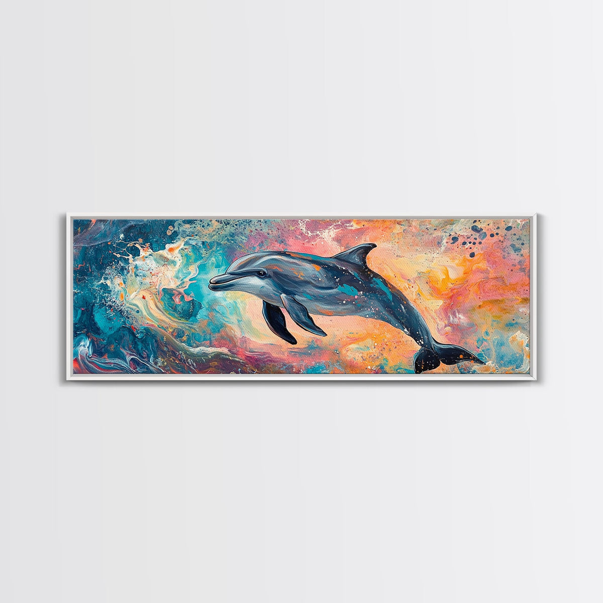 Playful Dolphin in Ocean Waves, Colorful Abstract Sea Life Art, Vibrant Marine Animal Painting, Coastal Home Decor