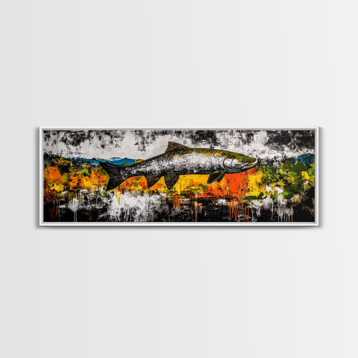 Salmon Wall Art, Rustic Fish Painting, Fishing Cabin Decor, Nature Wildlife Print, Lakehouse Art, Fall Colors, Framed Canvas Print