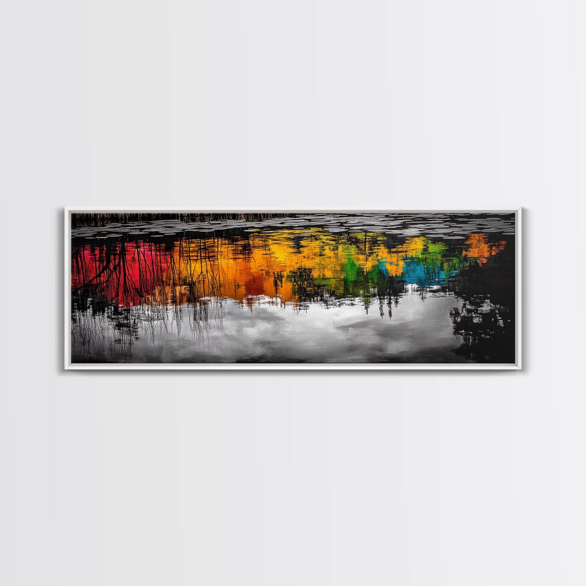 Colorful Reflection, Abstract Water Art, Nature Painting, Autumn Trees, Vibrant Colors, Black and White Contrast, Canvas Print | | Wiccan Center