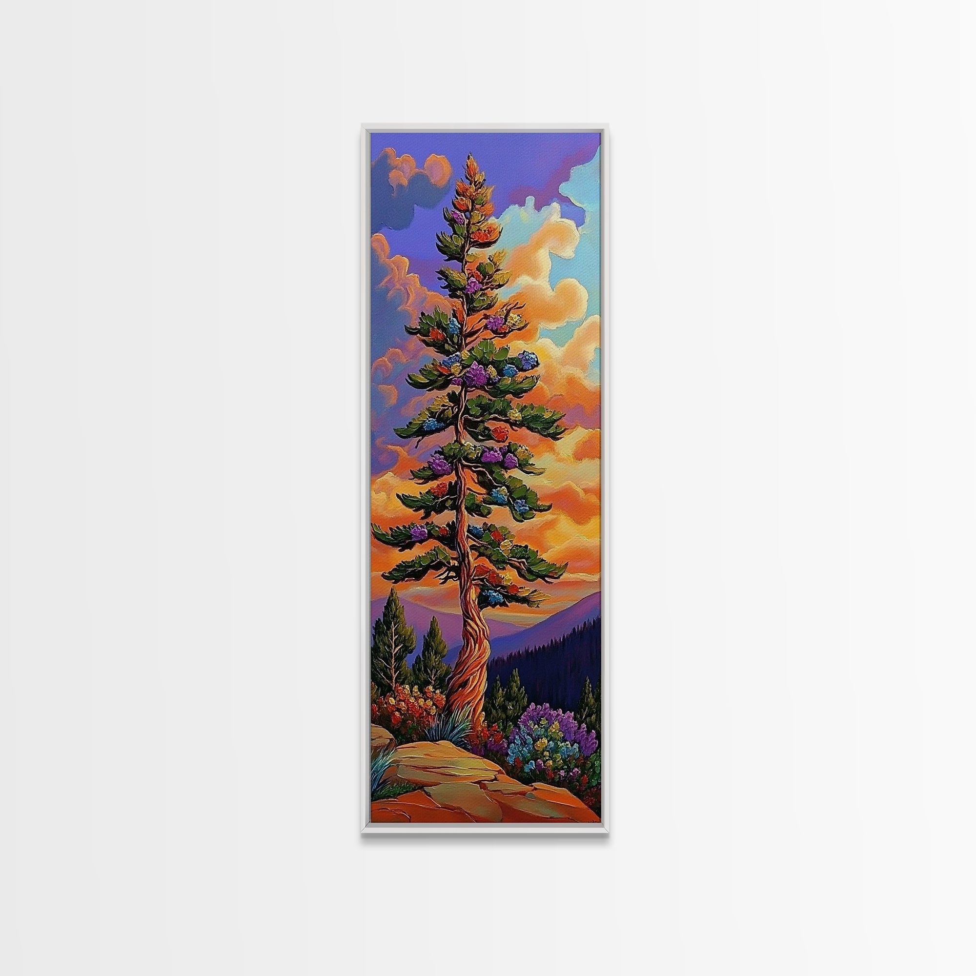 Tree, Mountain, Sunset, Forest, Canvas Print, magical forest tree painting, vibrant mountain sunset wall art, whimsical boho nature decor