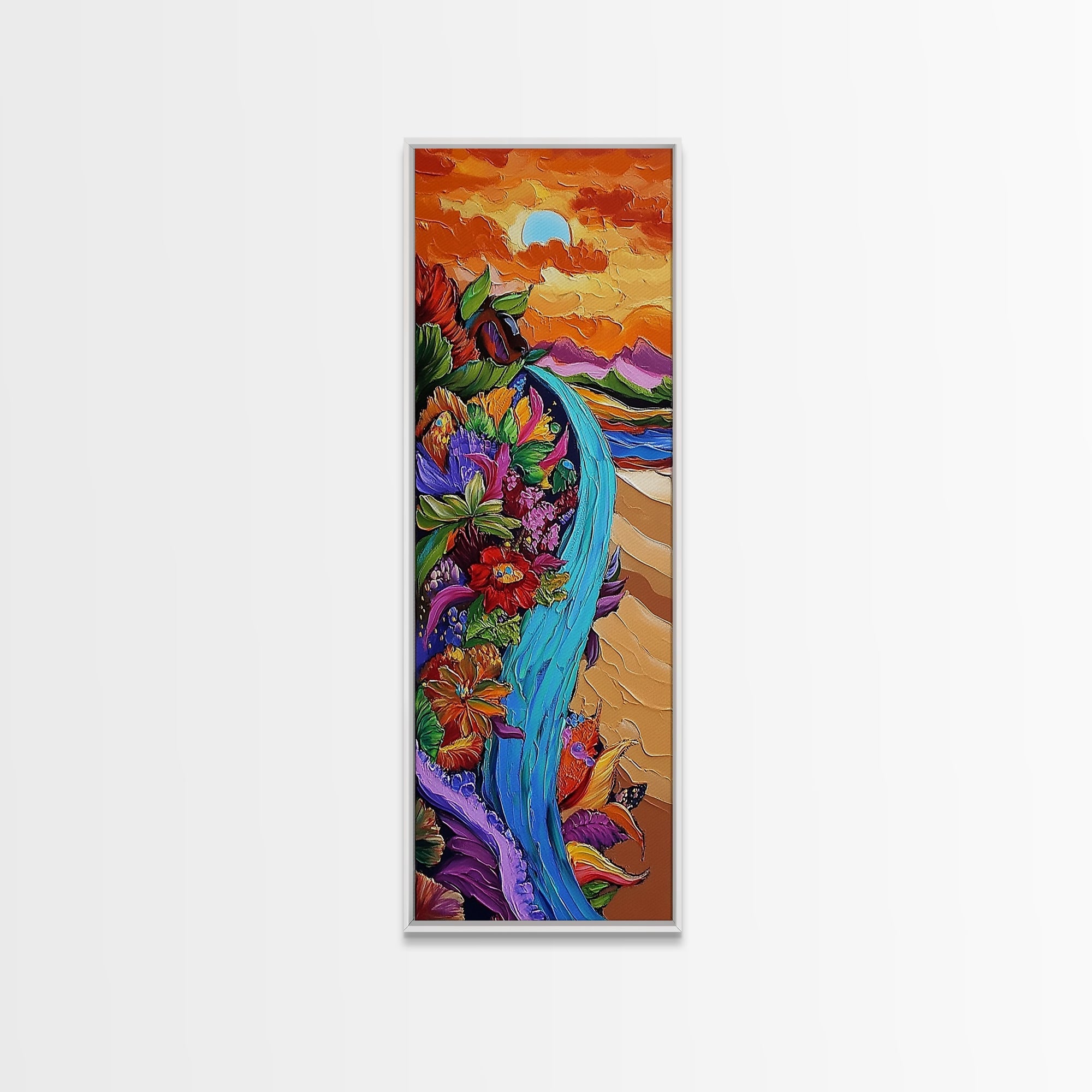 Sunset Waterfall, Floral Cliff, Magical River, Dreamy Boho Wall Art, Framed Canvas Print, Colorful Fall Living Room Decor