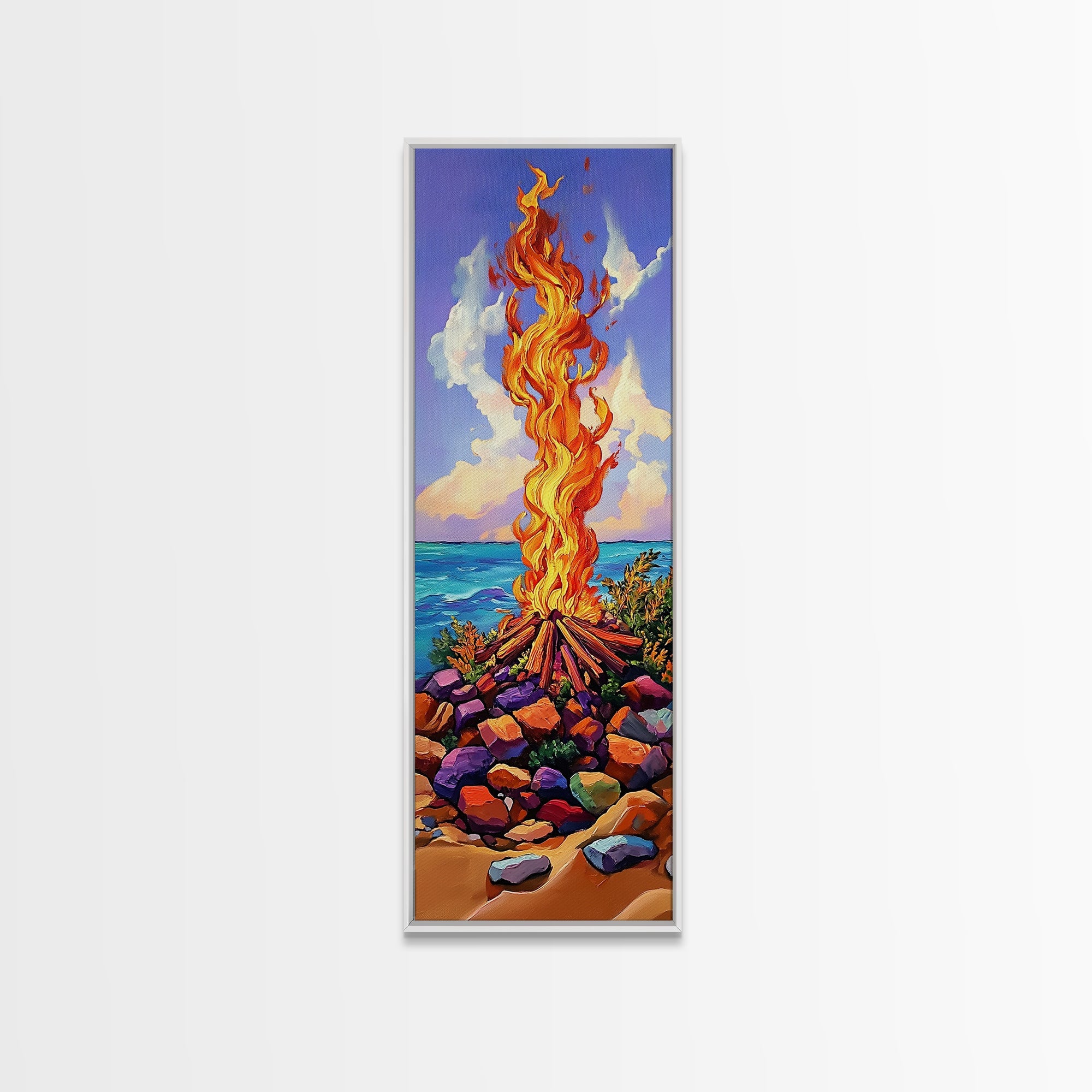 Campfire Ocean, Stones Sky – Coastal Bonfire Landscape, Colorful Nature Wall Art, Framed Canvas Print, Beach House or Cabin Decor | | Wiccan Center