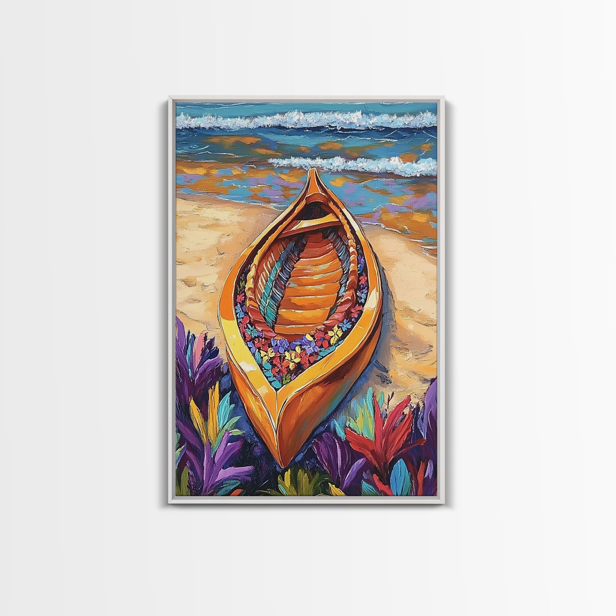 Flower Boat, Beach Magic, Vibrant Seashore, Tropical Joy, Canvas Print, Bathroom Wall Art, Nautical Decor, Bold Beach Colors, Boho Art