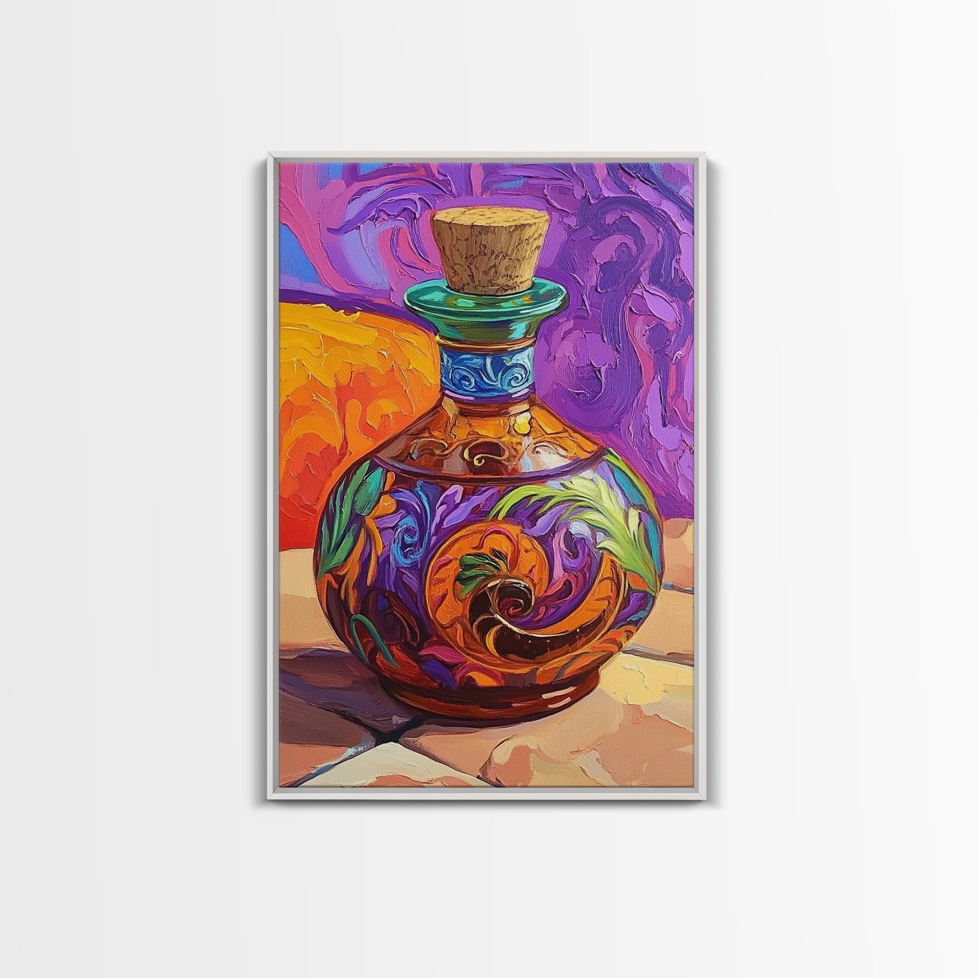 Ornate Potion Bottle, Fantasy Glass Art, Vibrant Color Decor, Framed Canvas Print, Whimsical Kitchen Wall Art, Magic Home Accent