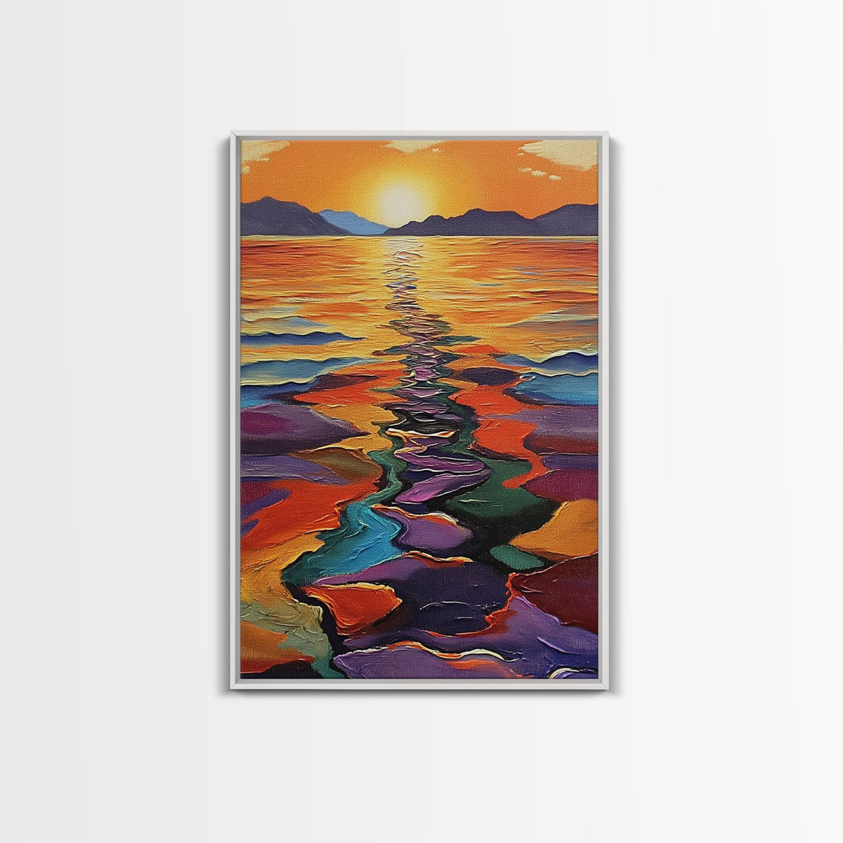 Sunset Reflection, Colorful Waters, Abstract Shoreline, Mountains — Framed Canvas Print modern abstract beach painting, bold hallway decor | | Wiccan Center