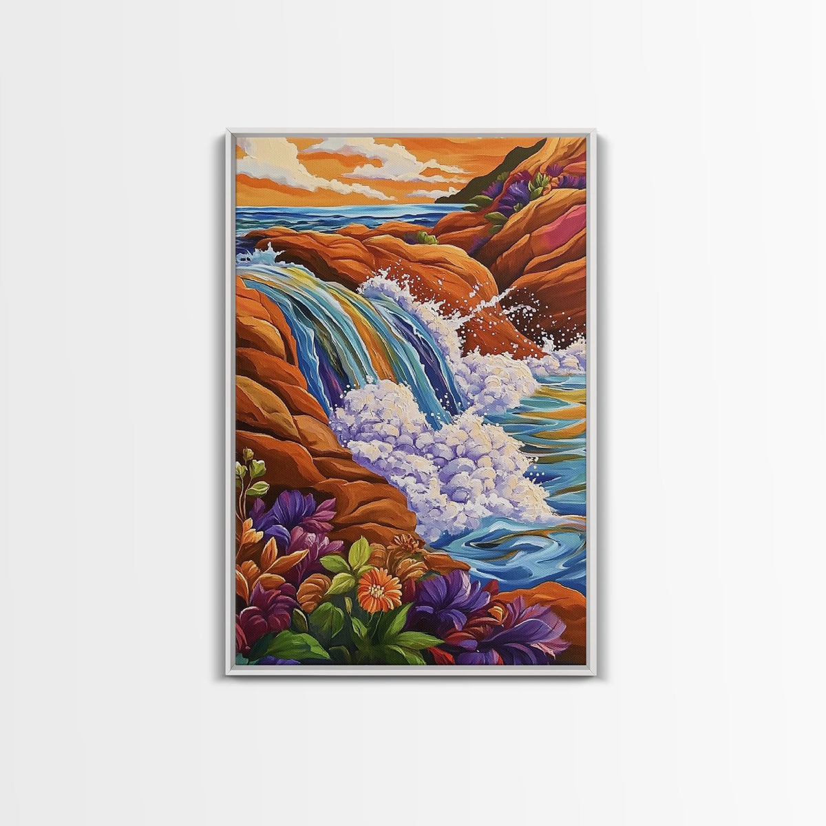 Coastal Waterfall, Ocean Rocks, Tropical Seascape, Sunset Art, Framed Canvas Print bathroom decor, beach lovers gift, colorful nature art | | Wiccan Center