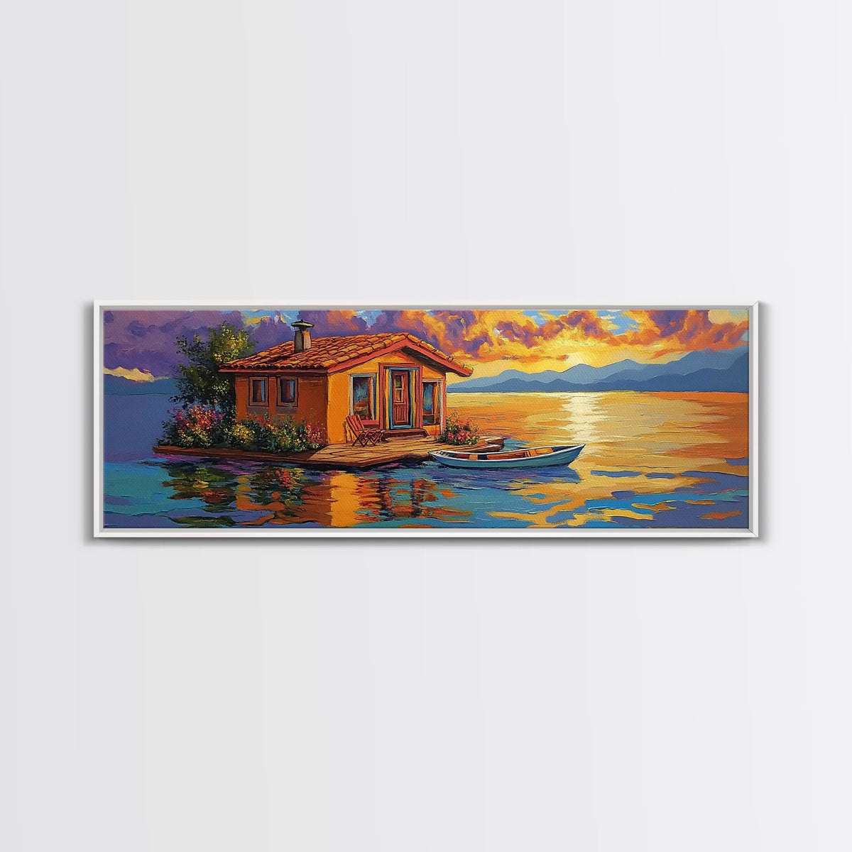 Floating Home, Lake Sunset, Tranquil Retreat, Framed Canvas Print, peaceful wall art, waterfront decor, lakehouse artwork | | Wiccan Center