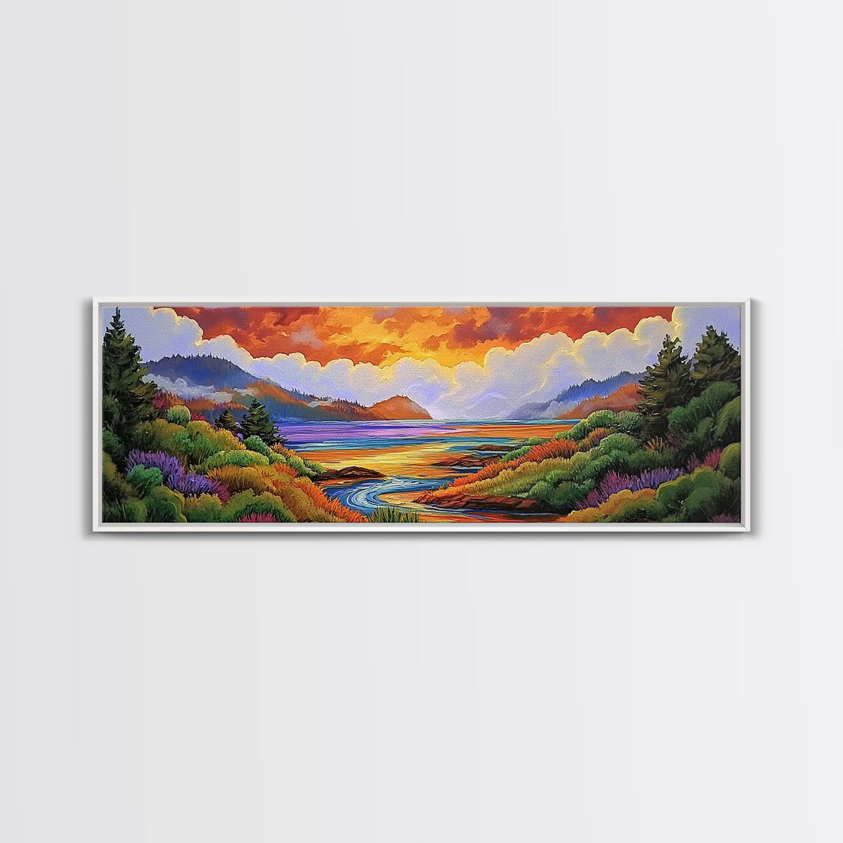 Sunset Lake Scene, Mountain View Art, Tranquil Waterscape Landscape, Framed Canvas Print, Nature Office Decor, Living Room Art | | Wiccan Center