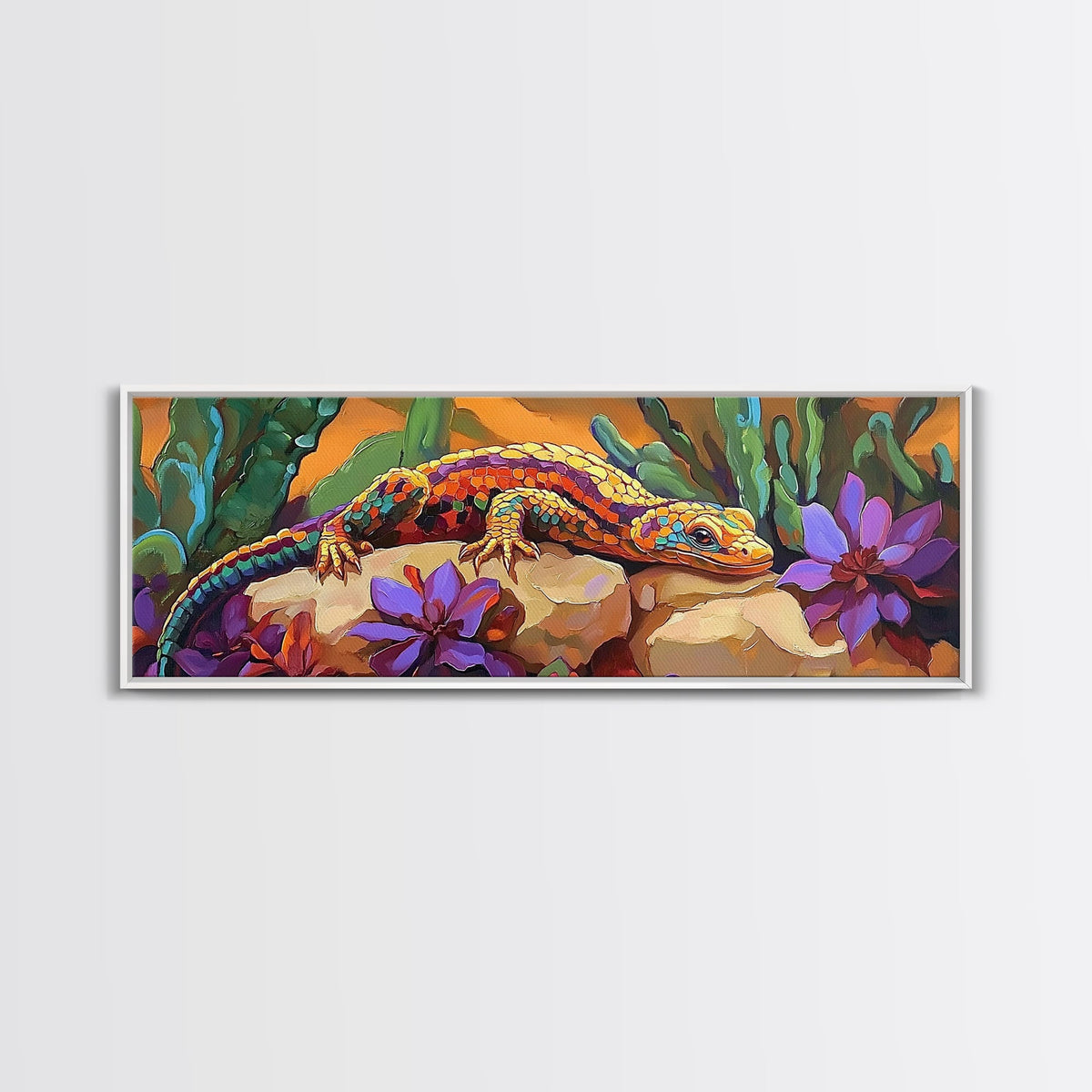 Vibrant Lizard Art, Desert Gecko Painting, Succulent Garden Colors, Framed Canvas Print, Eclectic Kitchen Wall Decor, Animal Art