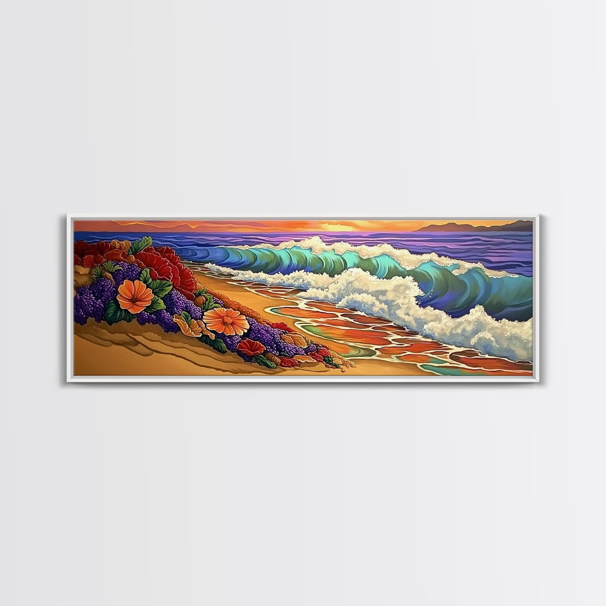 Floral Shoreline, Ocean Bloom, Wave Magic, Framed Canvas Print, Coastal Cottage Wall Art, Colorful Beach Art, Boho Seaside Vibes