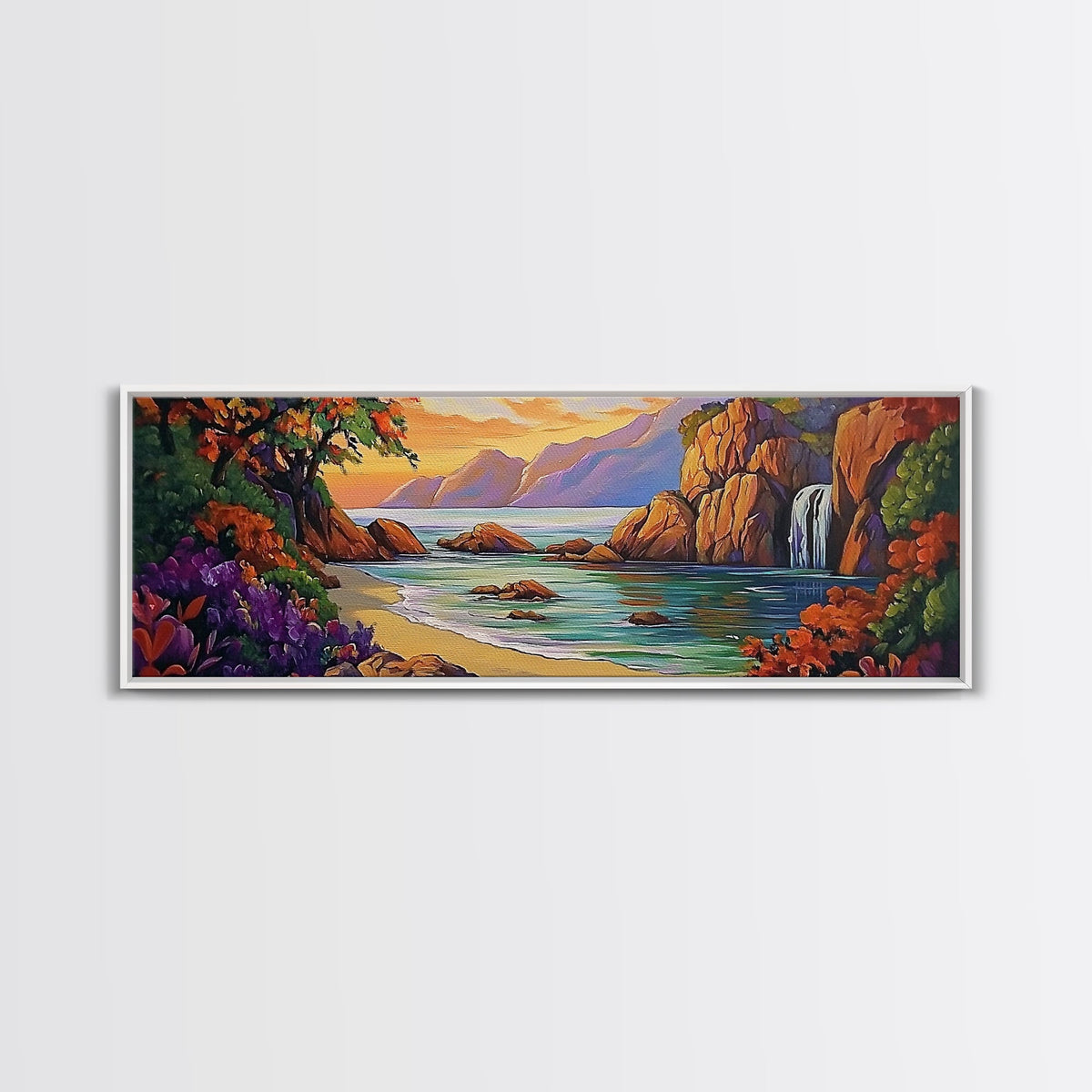 Waterfall Cove, Sunset Seascape, Tropical Paradise, Nature Retreat, Framed Canvas Print, Bathroom Wall Art, Vibrant Coastal Art | | Wiccan Center