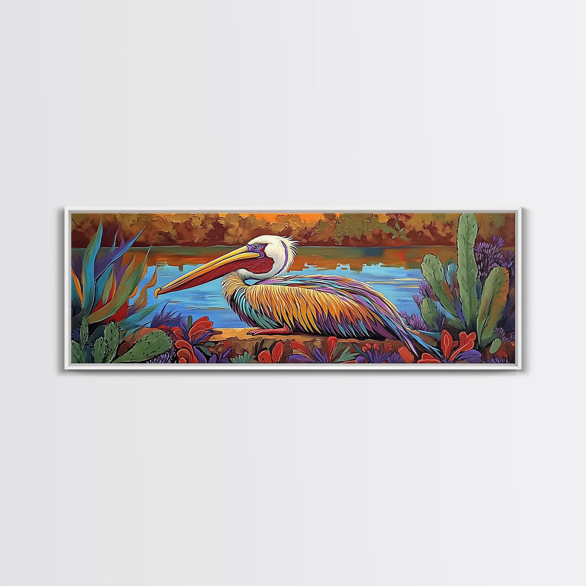 Colorful Pelican, Tropical Bird, Lake Wildlife, Autumn Palette, Framed Canvas Print, Boho Nature Wall Art, Dining Room Bird Artwork