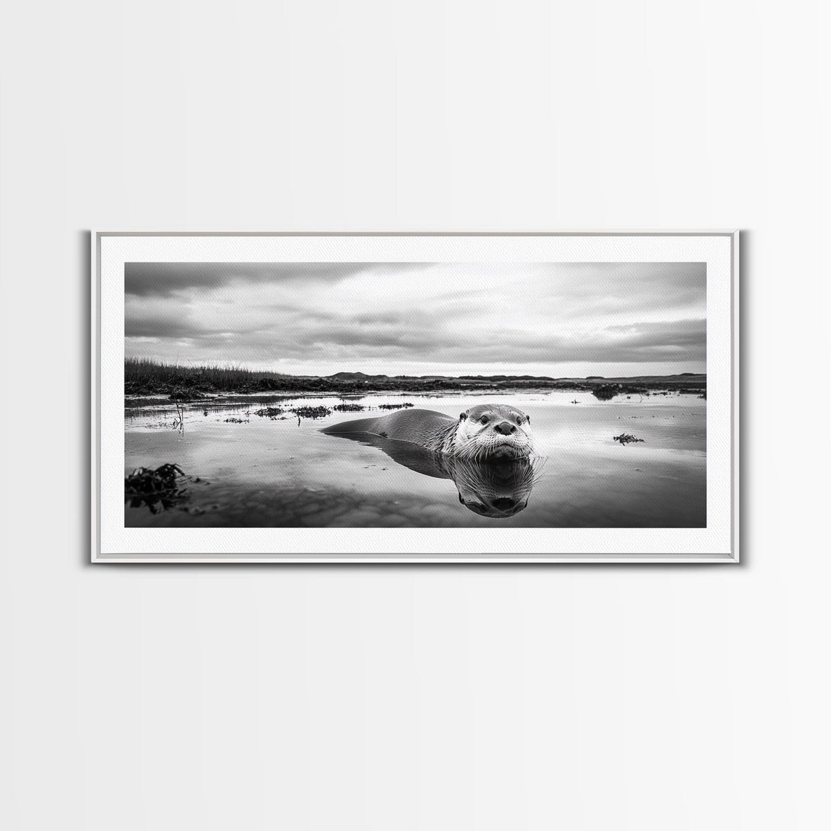 Curious Otter Wall Art, Wildlife Photography, Black and White Animal Canvas Print, Bathroom Decor, Whimsical Nature, Cottagecore Home Decor