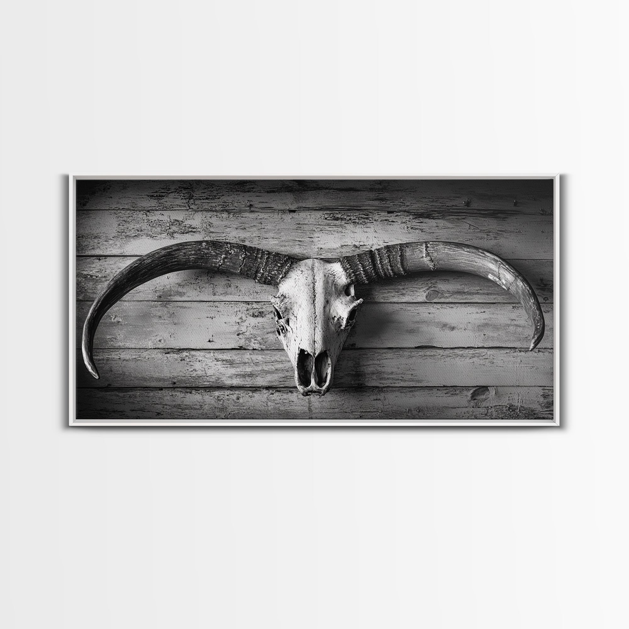 Bull Skull, Rustic Horns, Western Cabin Decor, Weathered Wood, Framed Canvas Print, Farmhouse Wall Art, Cowboy Office Decor, Rustic Wall Art | | Wiccan Center