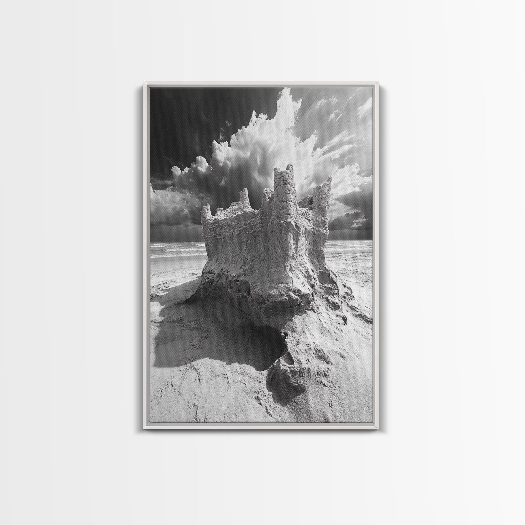 Sand Castle, Beach Fantasy, Dramatic Sky, Coastal Fortress, Framed Canvas Print, whimsical decor, kids room wall art, fairytale beach scene