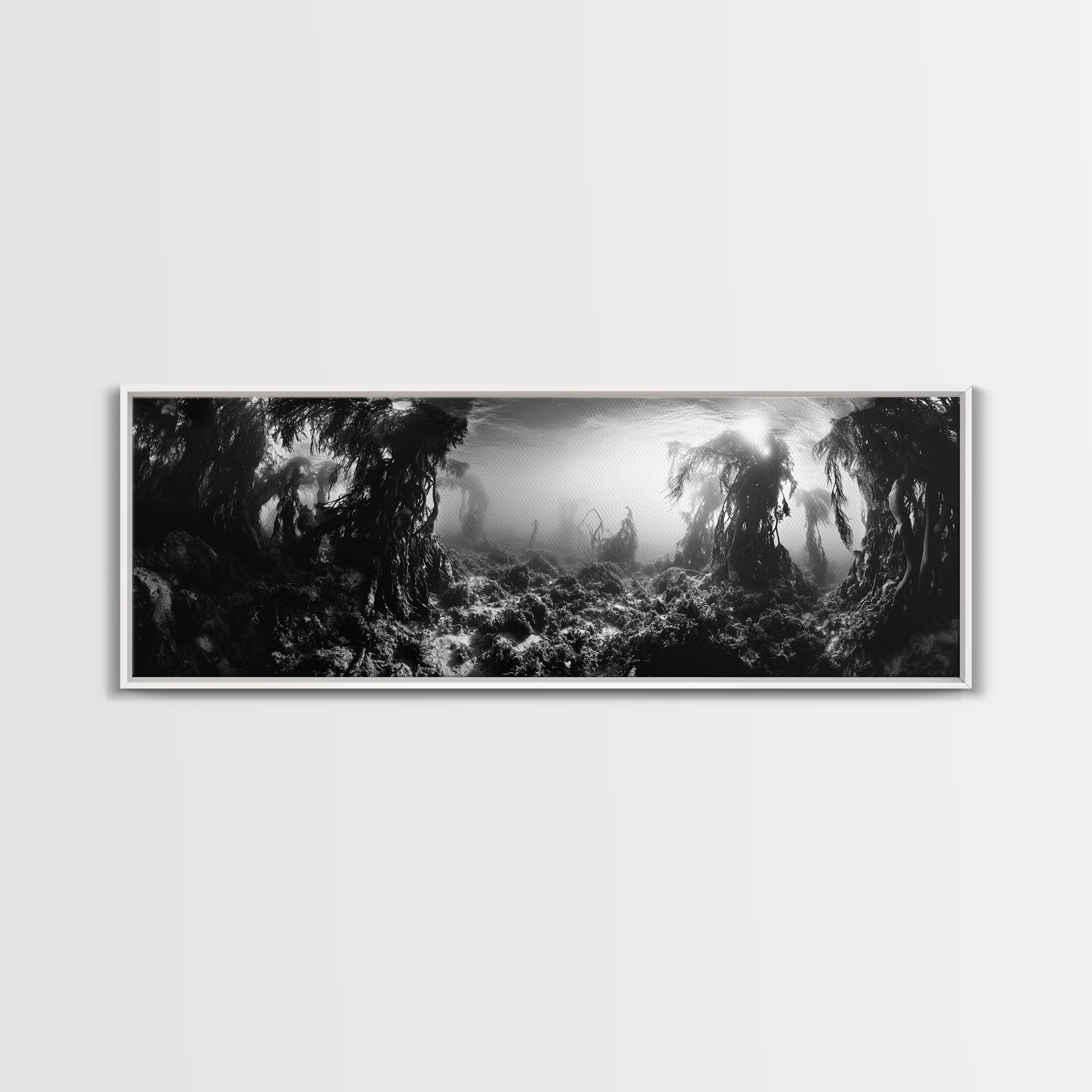 Kelp Forest, Underwater Magic, Ocean Depths, Framed Canvas Print, Marine nature photography, Bathroom wall decor, Moody coastal aesthetic