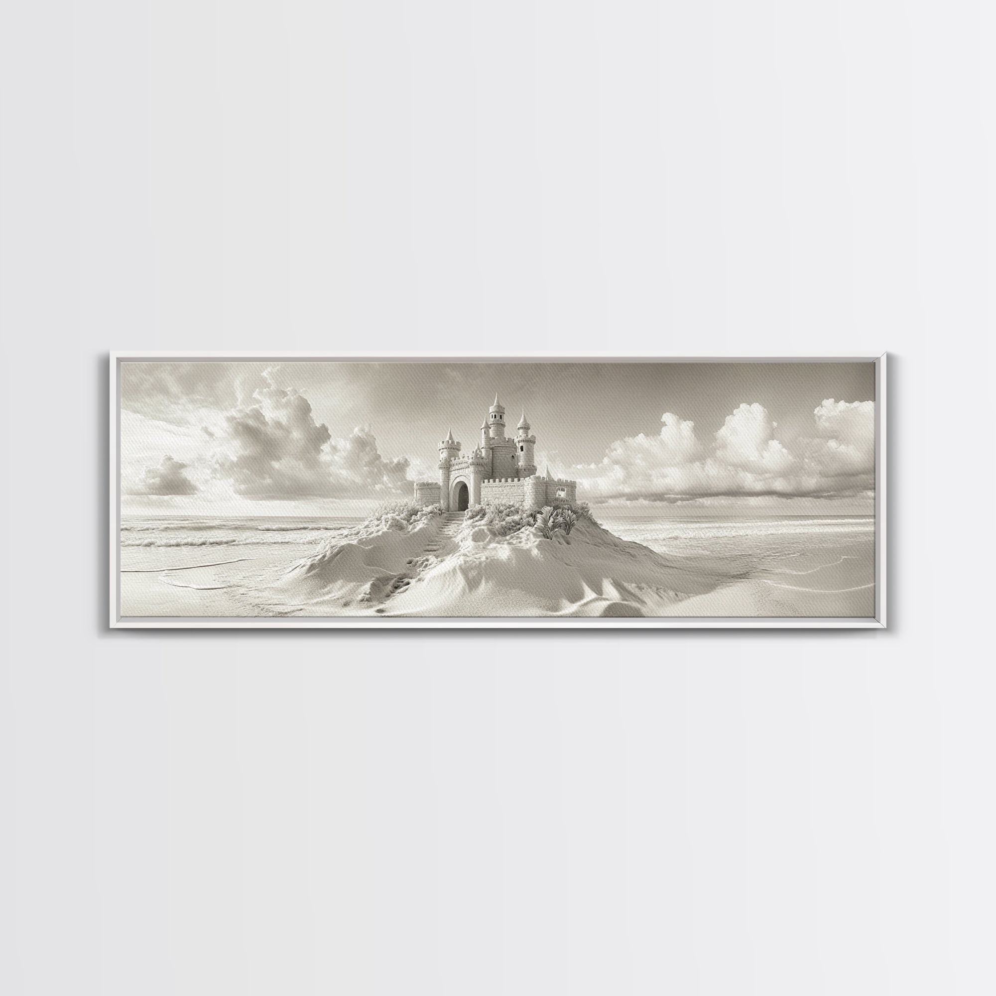 Fantasy Sand Castle, Seaside Kingdom, Dreamy Beach Scene, Magical Vibes, Framed Canvas Print, Kids Room Art, Whimsical Decor, Coastal Theme
