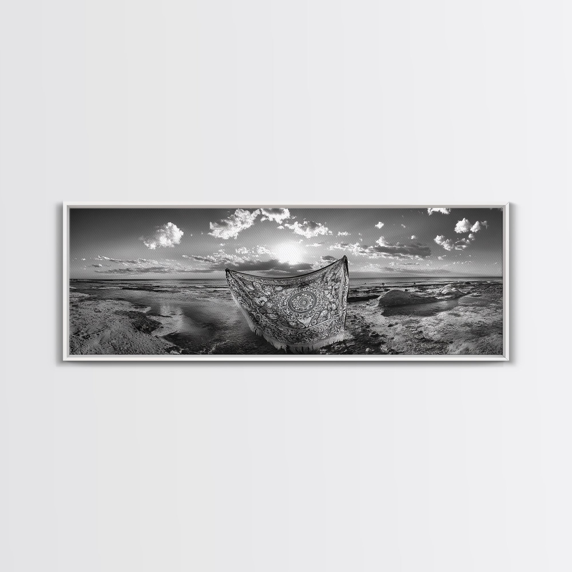 Sunset Sea, Magic Carpet, Ocean Ritual, Ethereal Coastal, Framed Canvas Print, Boho Wall Art, Living Room Decor, Surreal Beach Photography