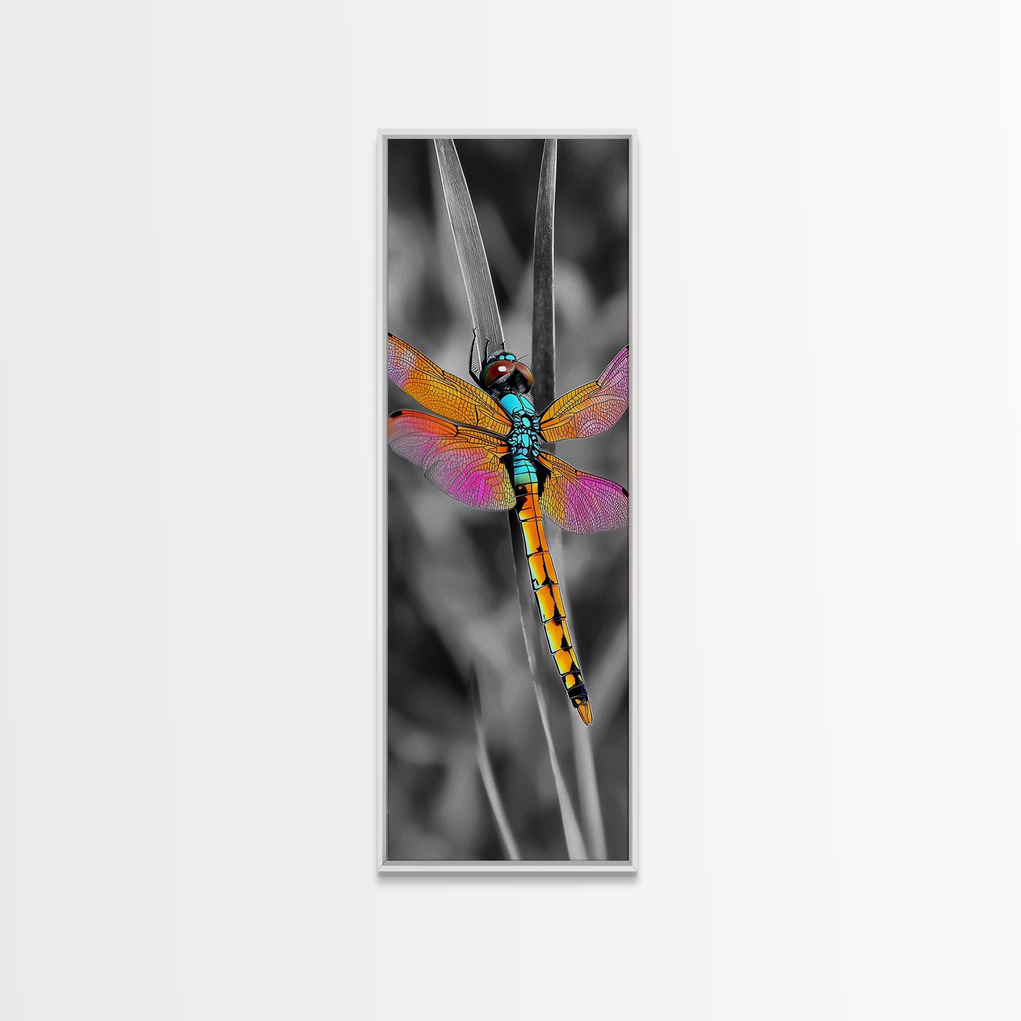 Vibrant Dragonfly, Garden Magic, Wing Detail, Nature Art – Framed Canvas Print, Living Room Wall Art, Botanical Decor, Color Pop Artwork