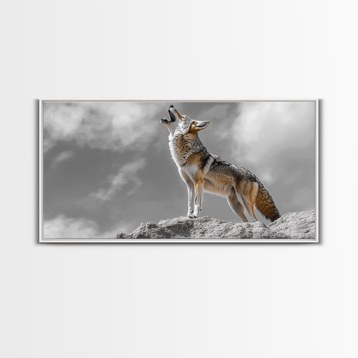 Howling Coyote Peak, Desert Wildlife Portrait, Majestic Animal Scene, Framed Canvas Print, Cabin Decor, Nature Wall Art, Minimalist Vibe