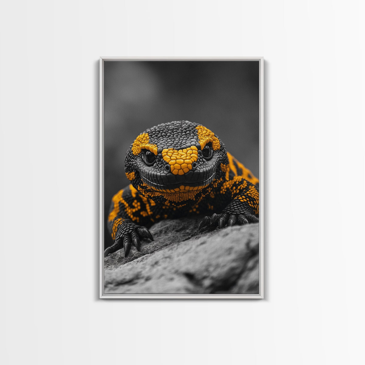 Lizard Close Up, Yellow and Black, Reptile Macro, Framed Canvas Print, Nature Photography, Animal Art, Man Cave Wall Art, Wildlife Decor
