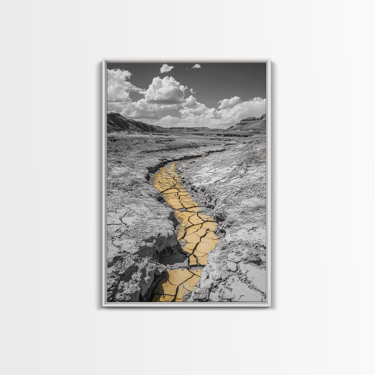 Desert Riverbed, Yellow Crack Trail, Dry Earth Path, Framed Canvas Print, Southwestern Wall Art, Minimalist Nature Decor, Earth Tone Style | | Wiccan Center