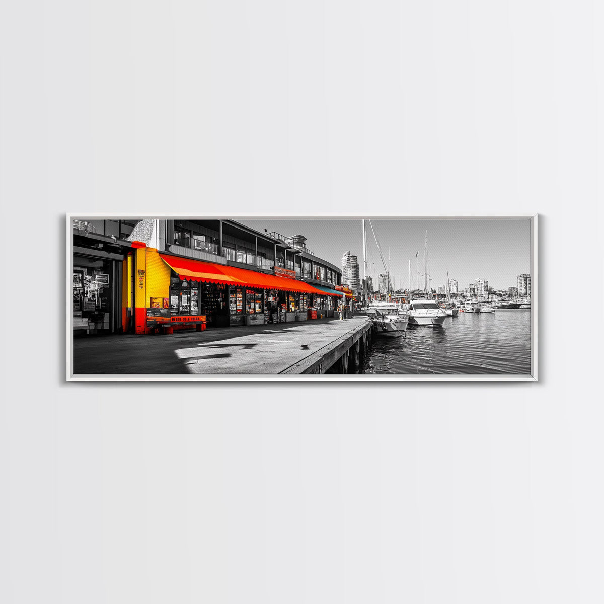 Waterfront Market, Urban Vibes, Boats and Shops, City Harbor — Framed Canvas Print, Kitchen Wall Art, Modern Cityscape, Vibrant Wall Decor | | Wiccan Center