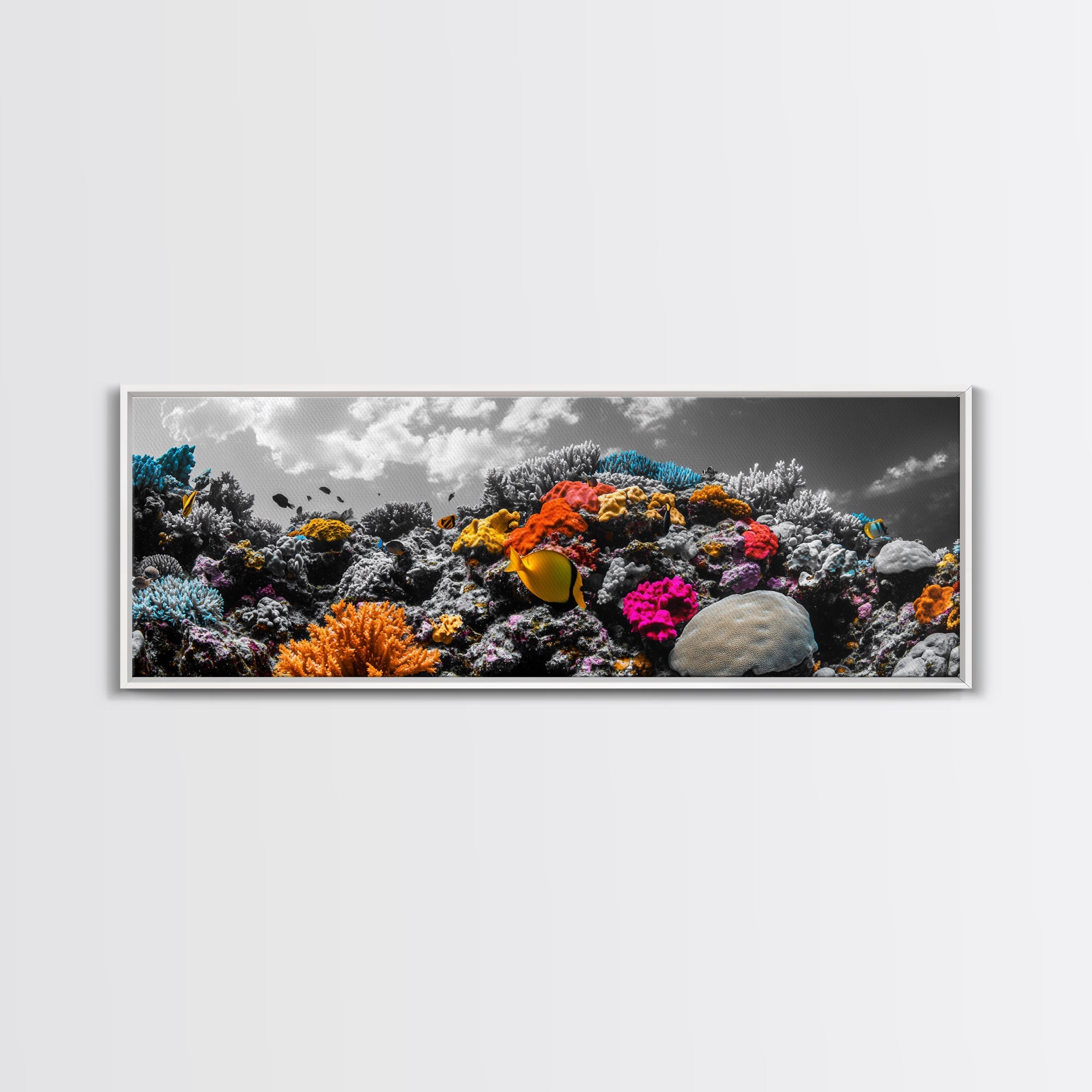 Vibrant Coral Reef, Tropical Fish Ocean Scene, Underwater Magic, Framed Canvas Print, Bathroom Wall Art, Colorful Nature Decor