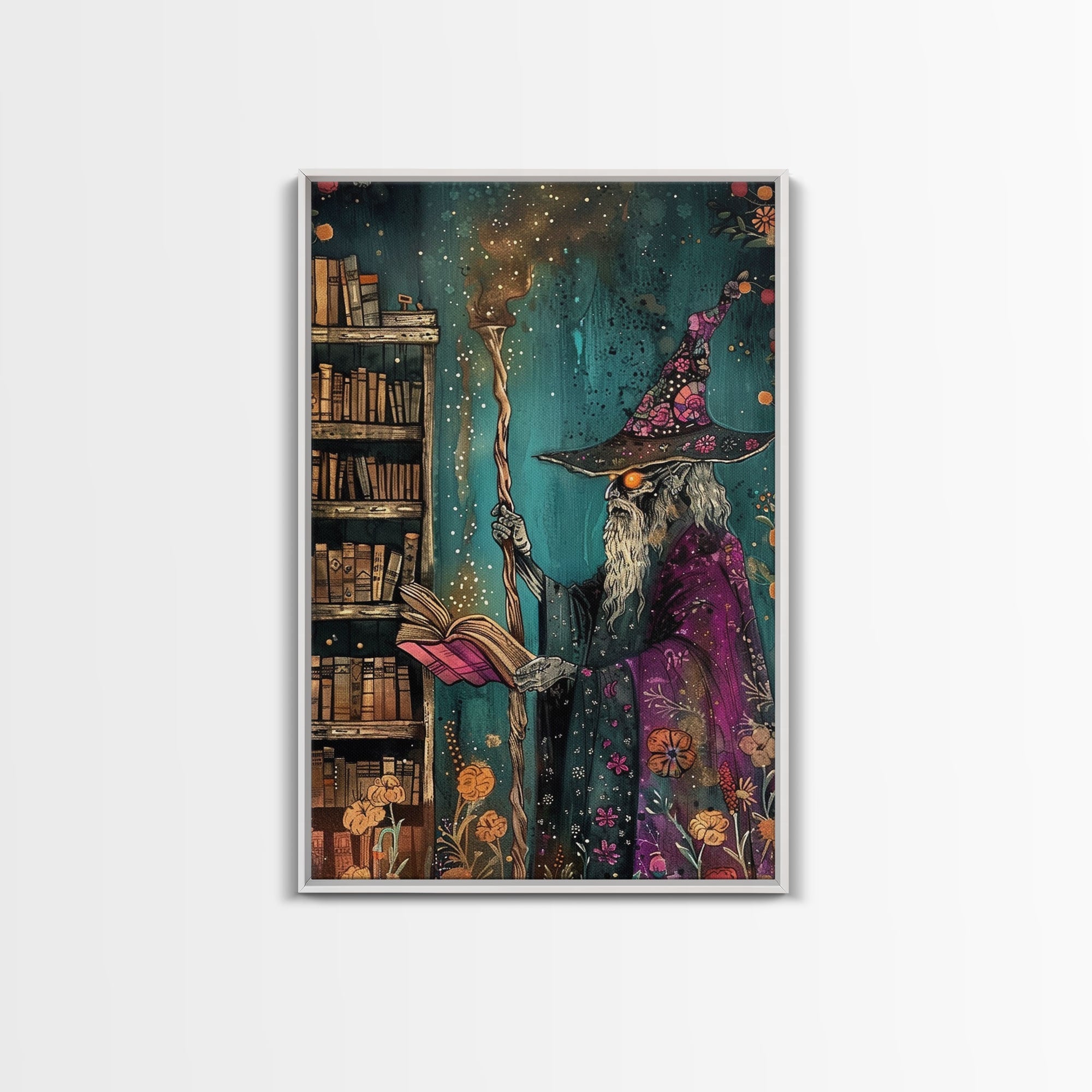 Halloween Eerie Wizard in Haunted Library Framed Canvas Print, Gothic Wall Art, Home Decor, Witchcraft Decor, Gift Idea, Enchanted Study | | Wiccan Center