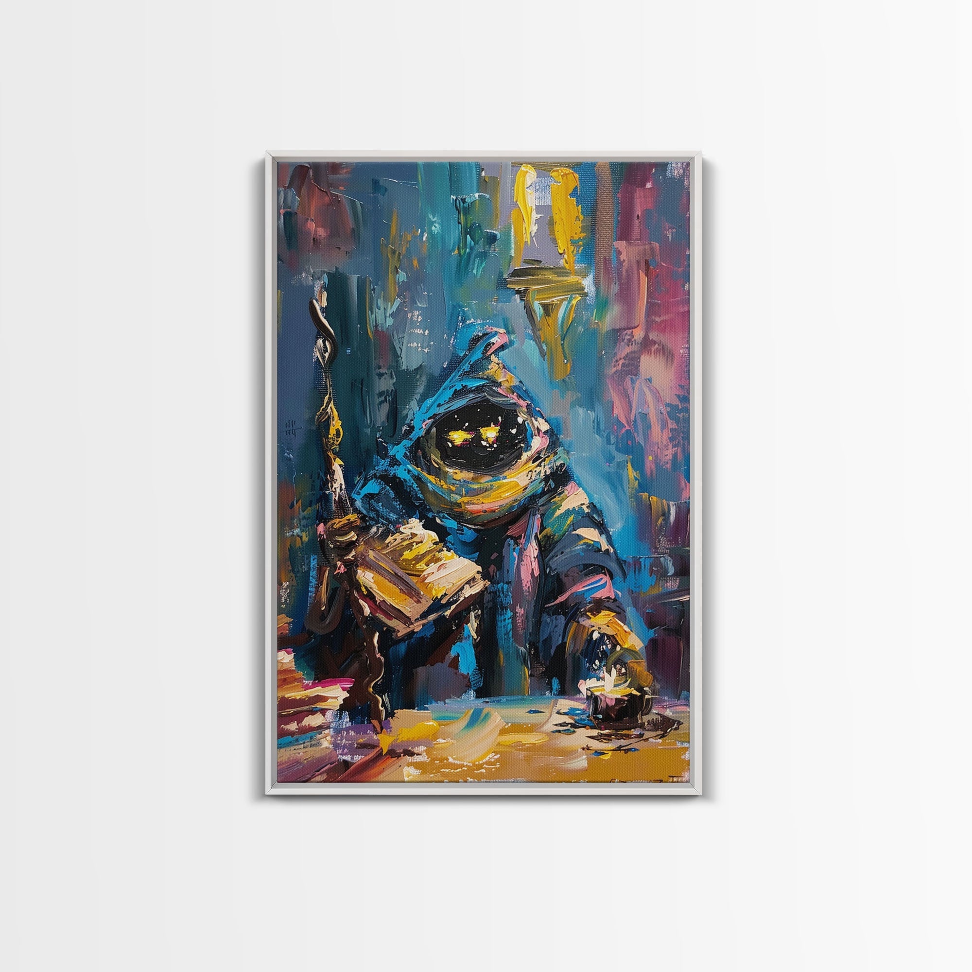 Halloween Creepy Wizard Reading Spells Framed Canvas Print, Spooky Wall Art, Home Decor, Occult Decor, Gift Idea, Dark Magic | | Wiccan Center