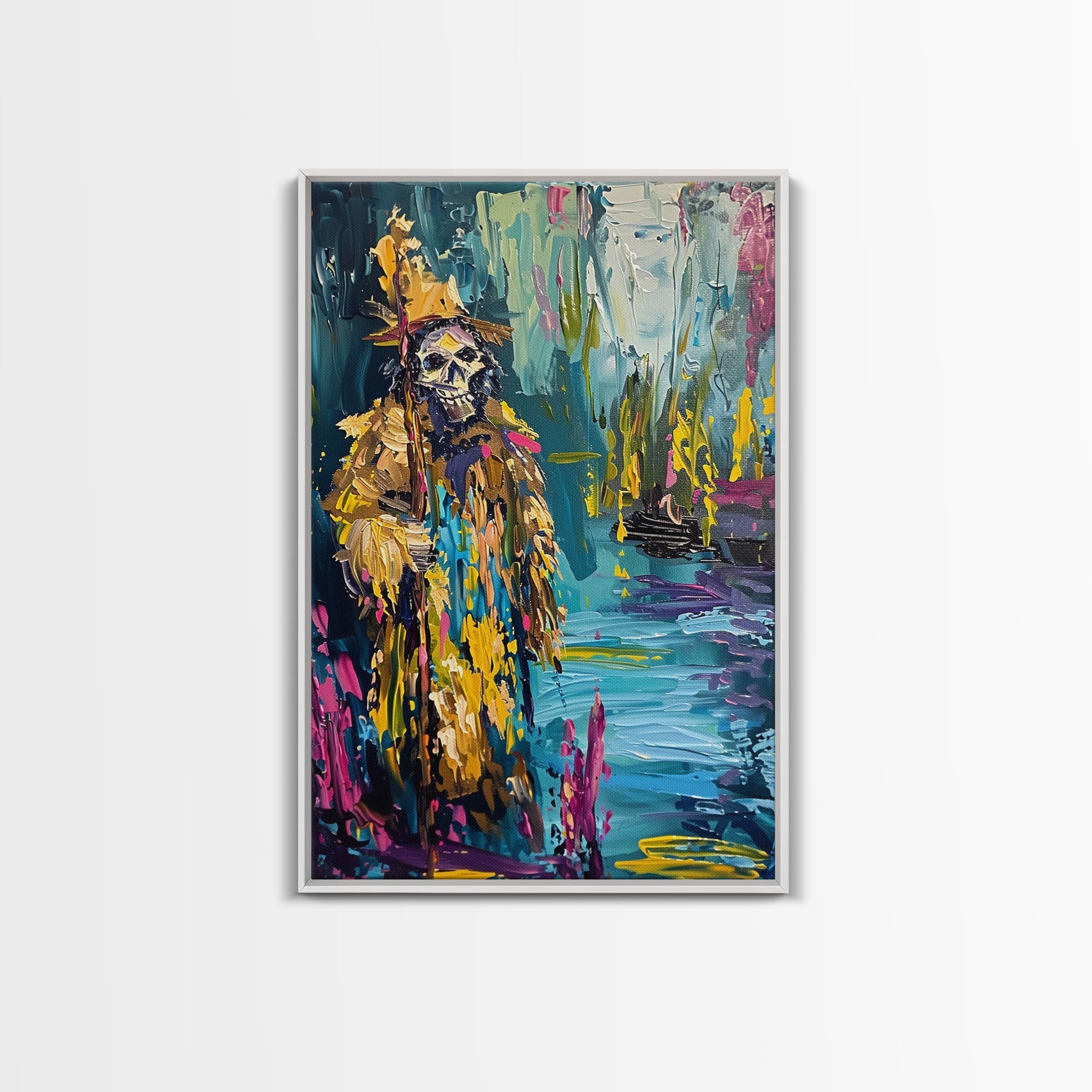 Halloween Skeleton Wizard, Framed Canvas Print, Wall Art, Home Decor, Spooky Artwork, Witchcraft Decor, Fantasy Art, Holiday Decor | | Wiccan Center