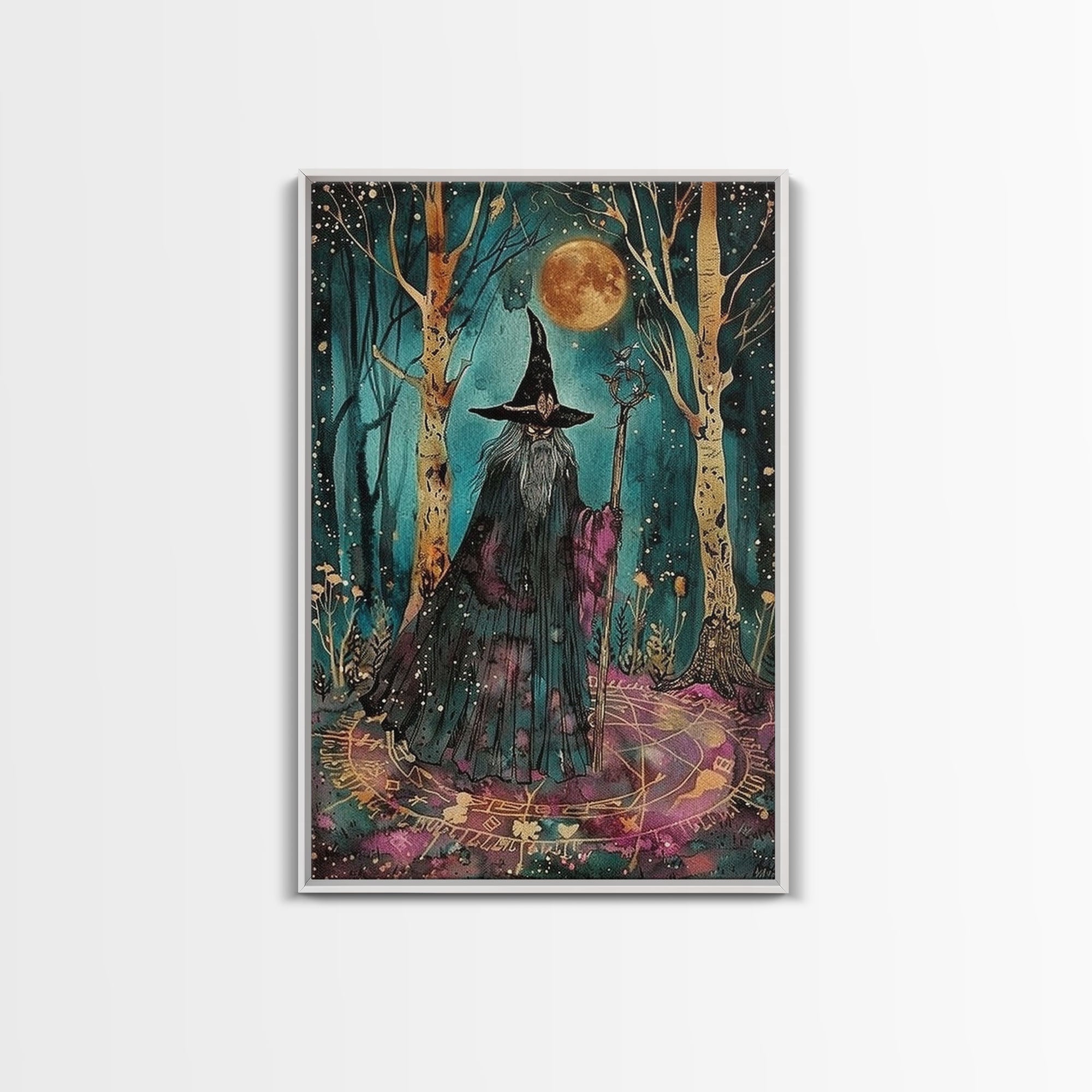 Halloween Wizard in Forest, Framed Canvas Print, Wall Art, Home Decor, Spooky Artwork, Magic Decor, Halloween Decor Painting, Holiday Decor | | Wiccan Center