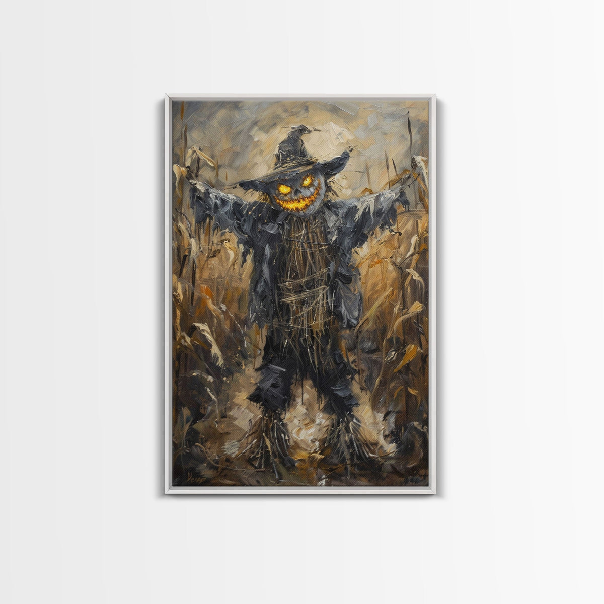 Sinister Scarecrow in Cornfield Framed Canvas Print | Halloween Horror Art | Spooky Farm Art | Creepy Scarecrow Art for Home Decoration | | Wiccan Center