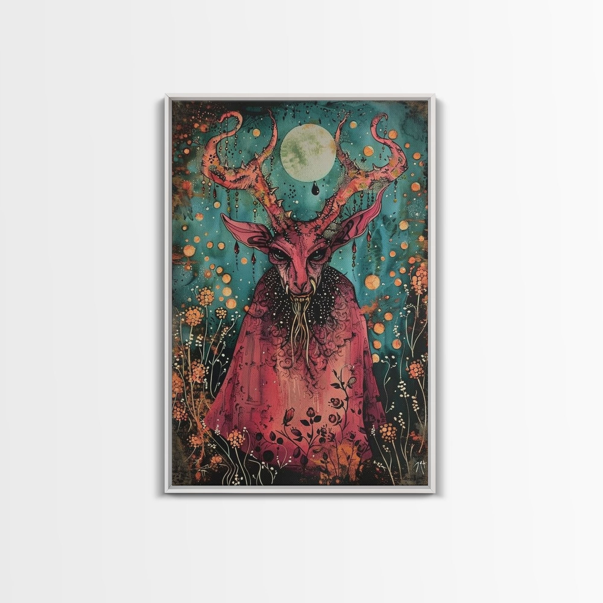 Enchanted Demon Under Full Moon Framed Canvas Print, Halloween Art, Creepy Wall Art, Spooky Home Decor, Art, Haunting Living Room Decor