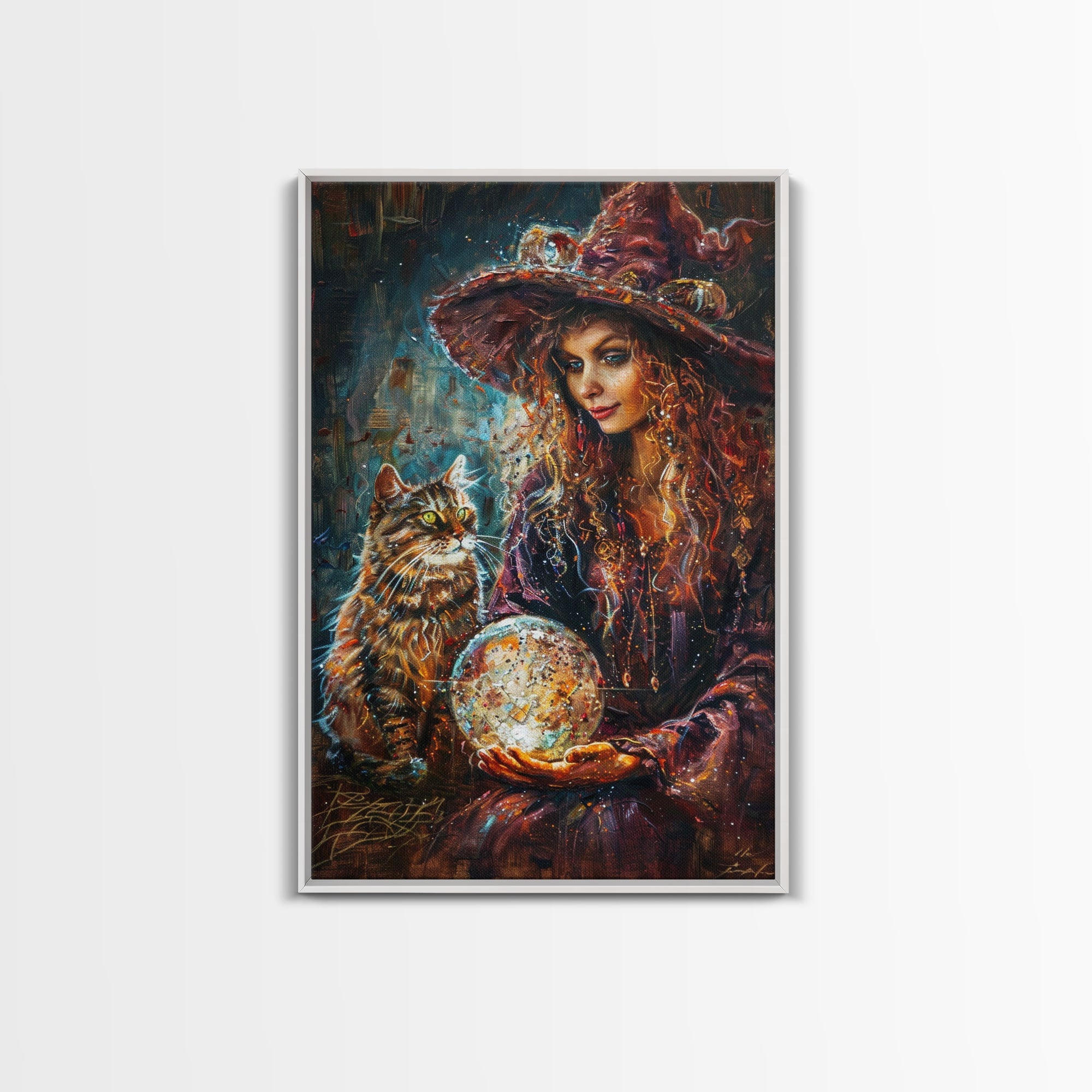 Enchanting Witch with Crystal Ball, Framed Canvas Print, Mystical Halloween Art, Spooky Witch Decor, Witchcraft Illustration, Magical Decor | | Wiccan Center