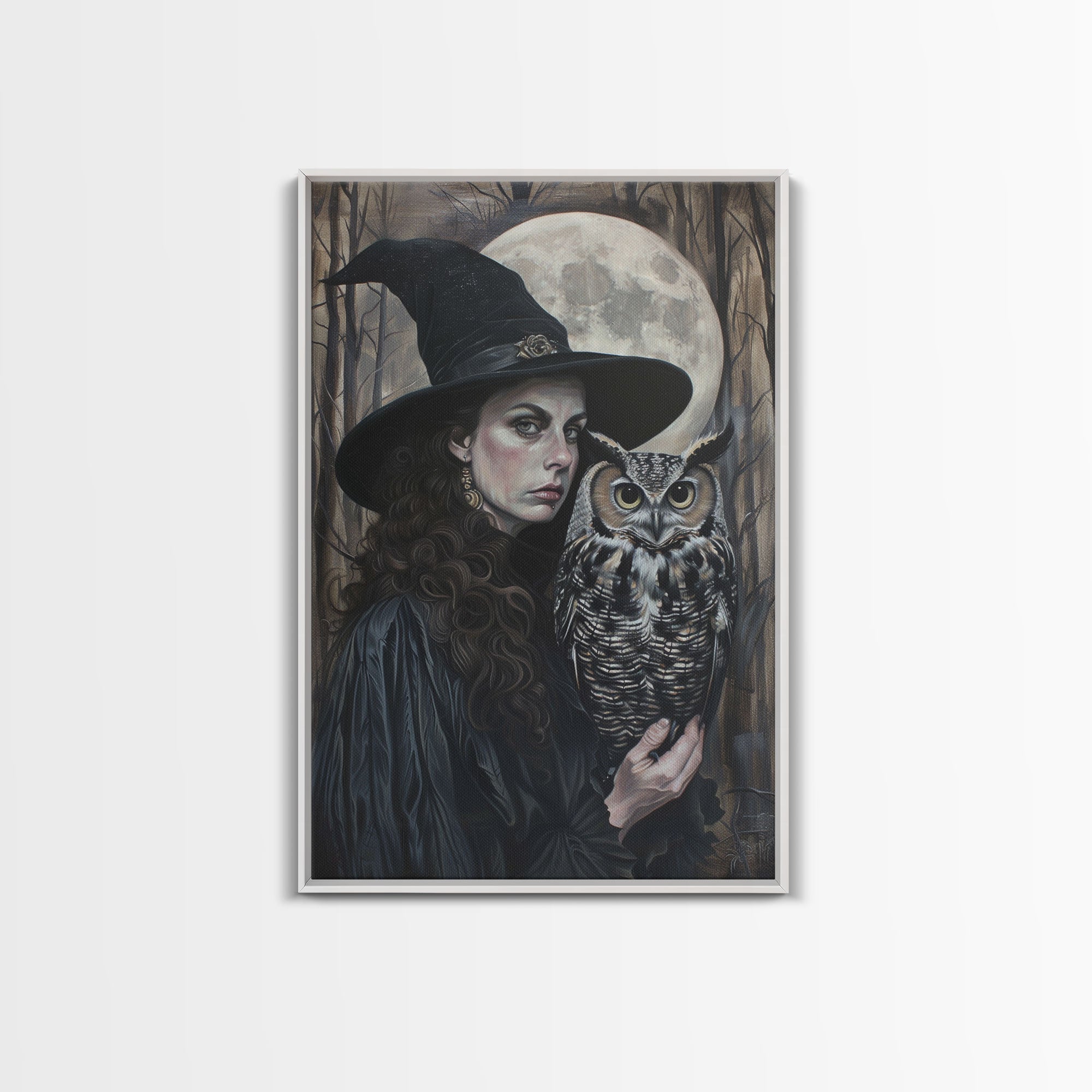 Witch with Wise Owl Under Full Moon, Framed Canvas Print, Mystical Witchcraft Art, Witch and Owl, Spooky Home Decor, Halloween Wall Art | | Wiccan Center